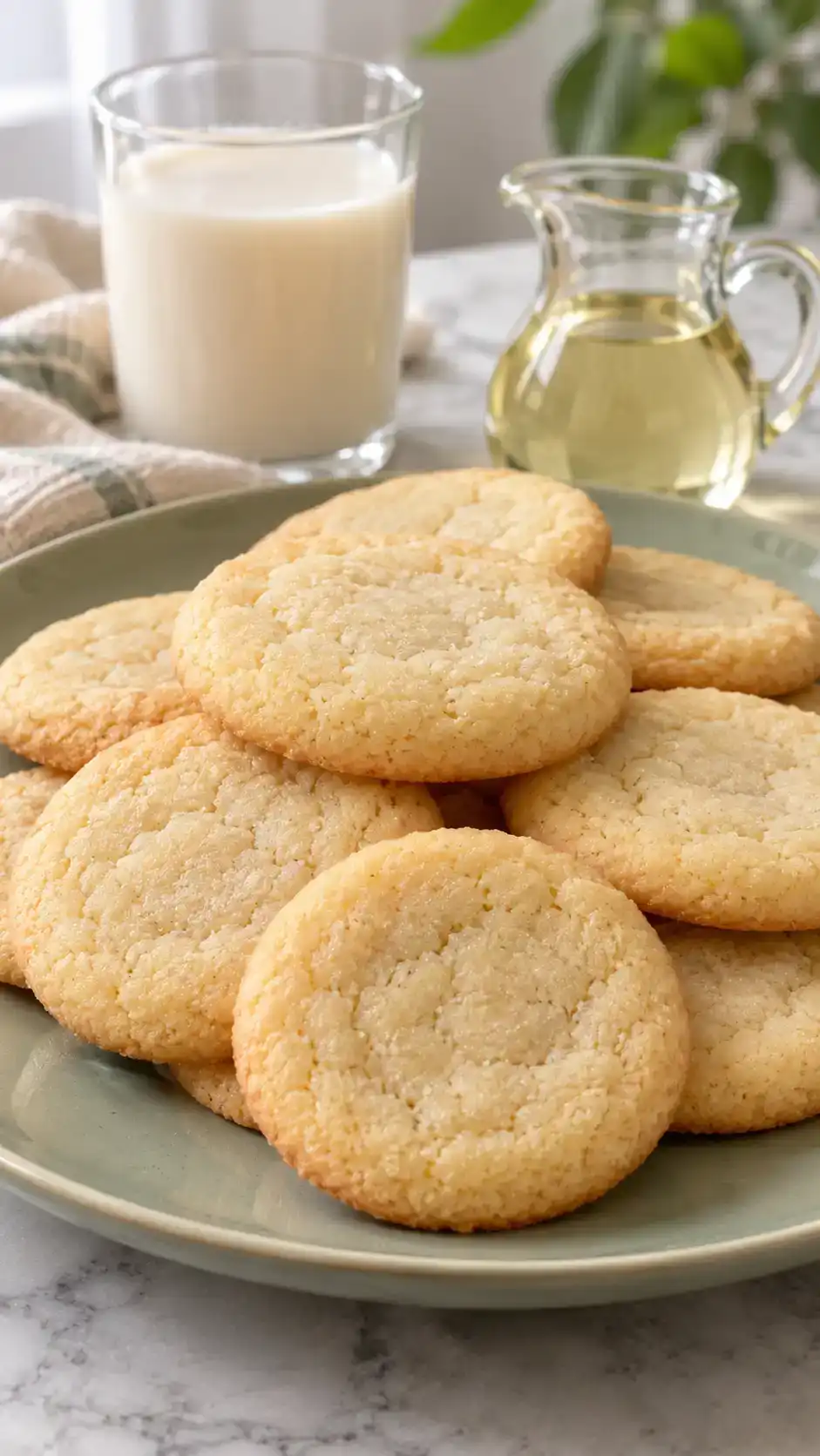 Dairy-free vanilla sugar cookies made with neutral oil, with soft chewy centers and gently golden edges.
