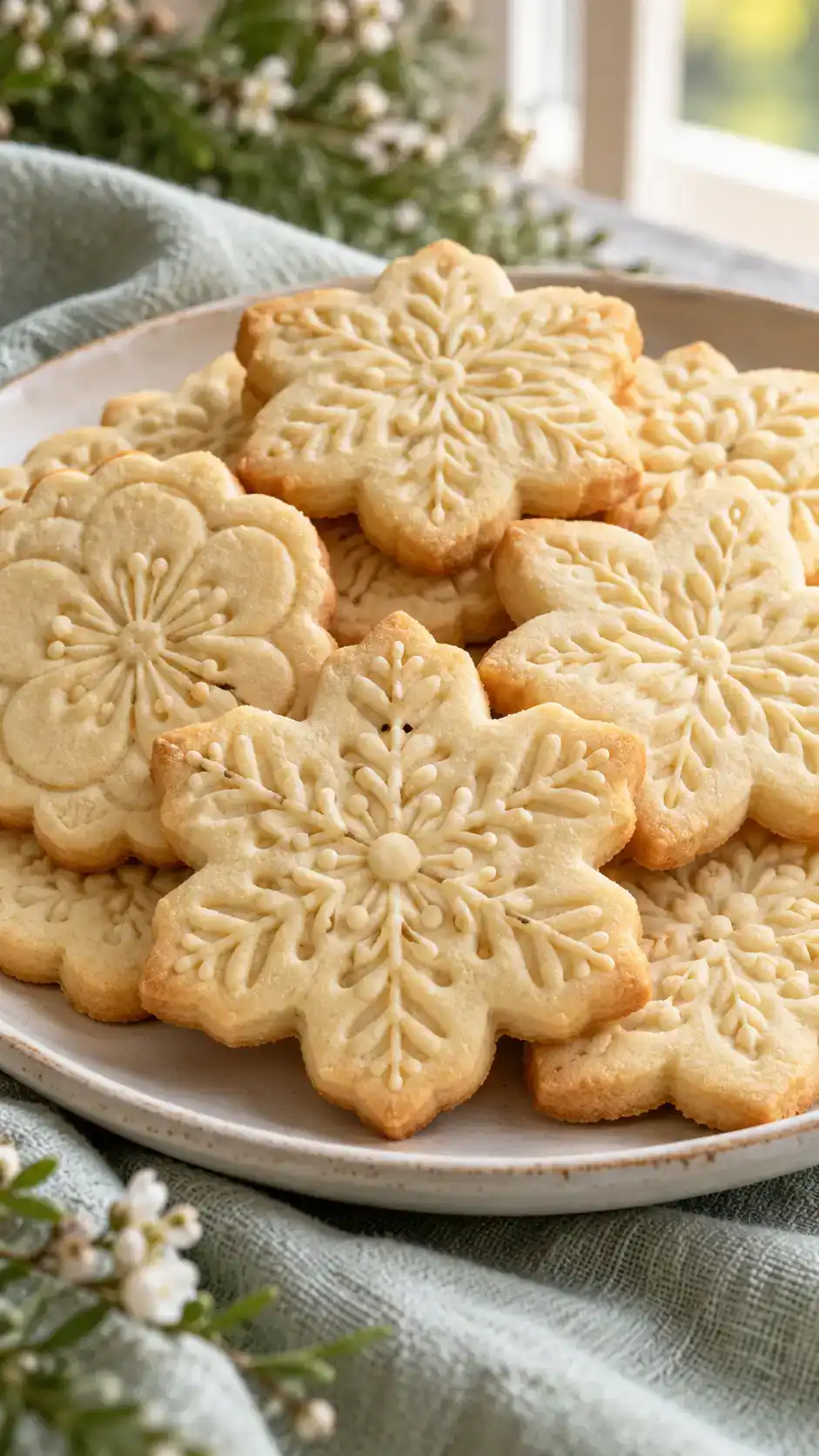 Crisp butter-rich sugar cookies with deep floral or snowflake patterns stamped into the dough.
