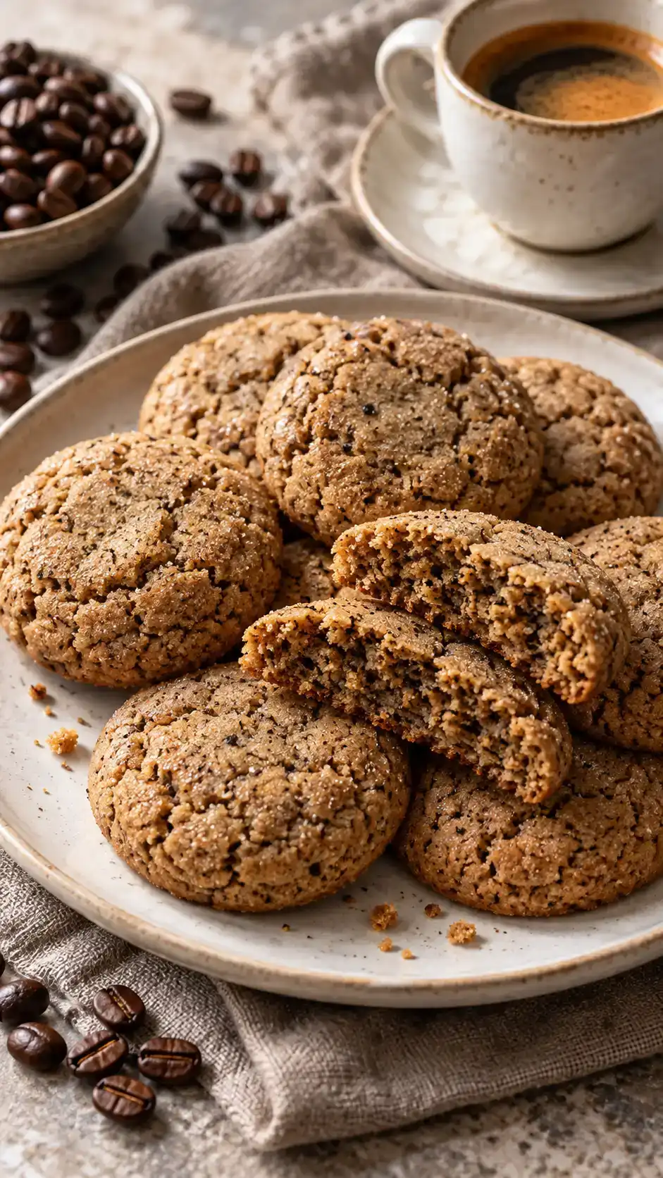 Coffee-colored sugar cookies with instant espresso throughout the dough and tender chewy centers.