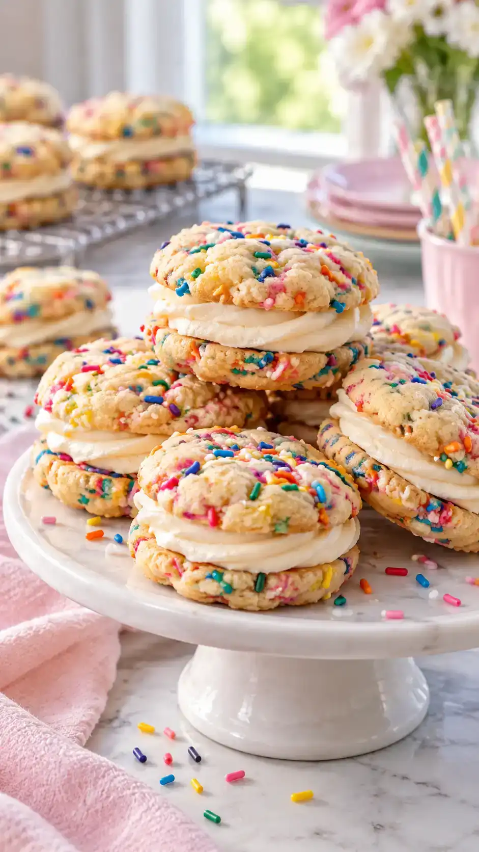 Sprinkle-flecked vanilla sugar cookies paired around soft birthday-style buttercream.