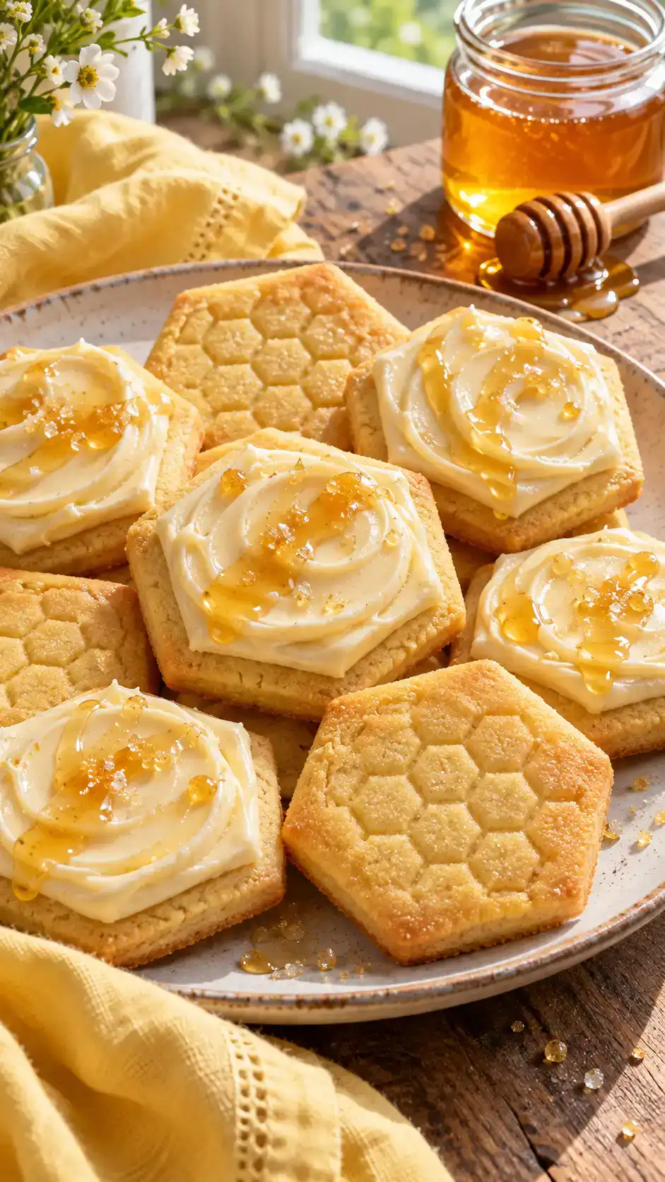 Golden honey-sweetened cut-out cookies with a pale honey buttercream finish and tender centers.