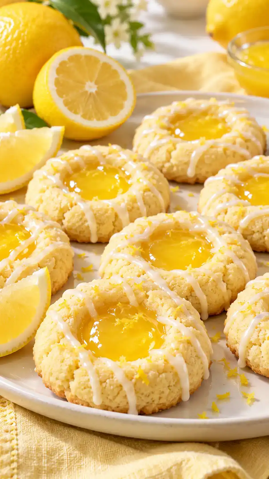 Tender lemon sugar-cookie thumbprints with glossy yellow lemon-curd centers and a light citrus drizzle.