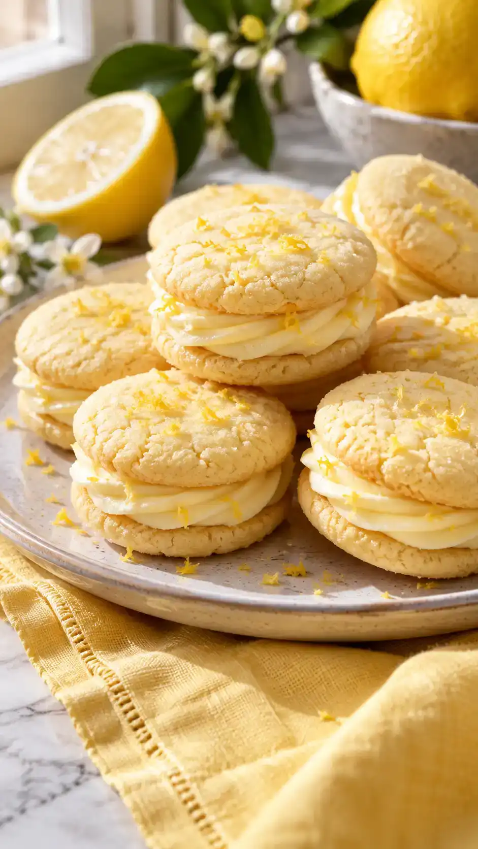 Small lemon-zest sugar cookies filled with bright lemon buttercream.