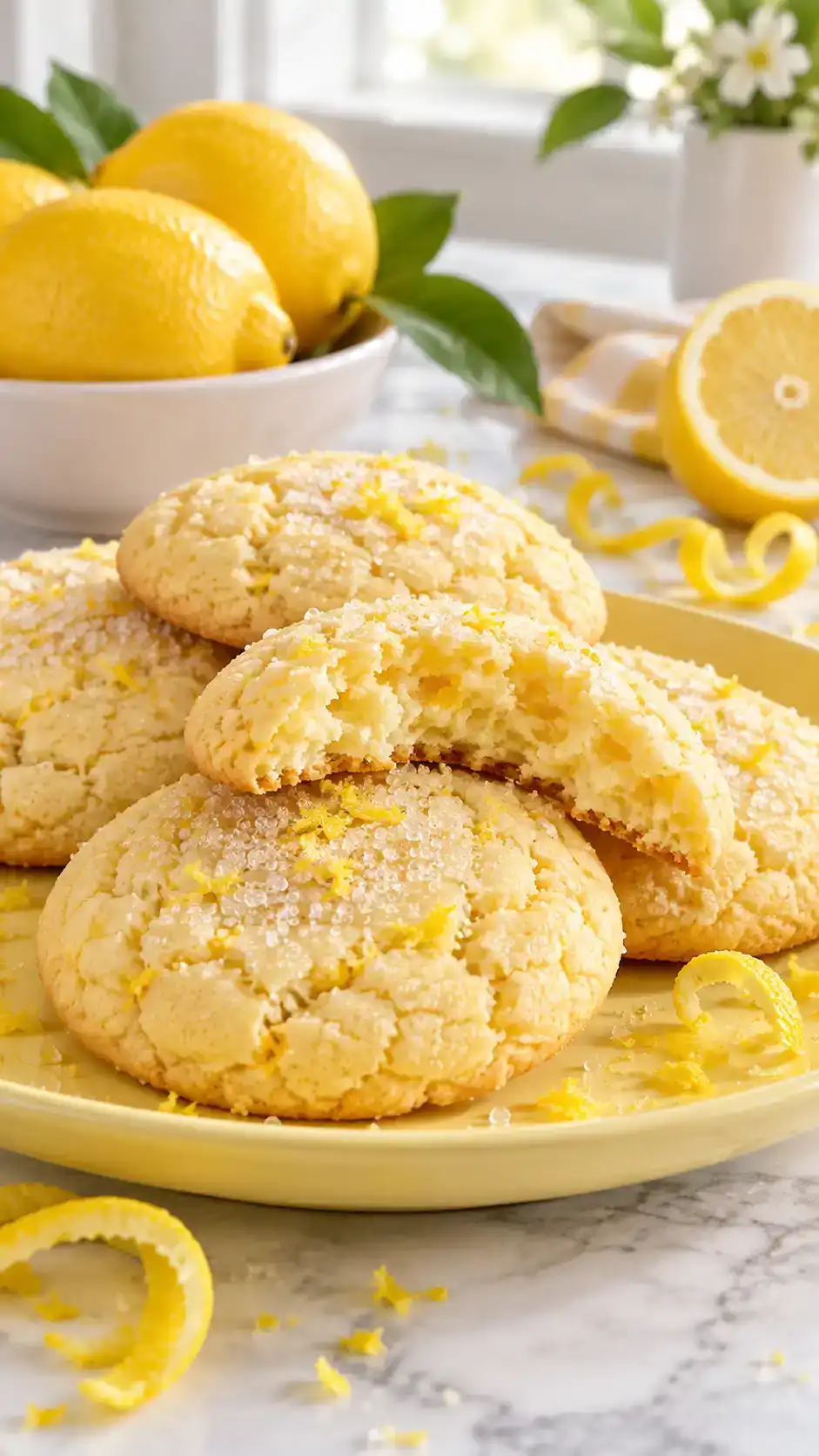 Bright lemon sugar cookies with finely grated zest, a sparkling sugar finish and softly chewy centers.