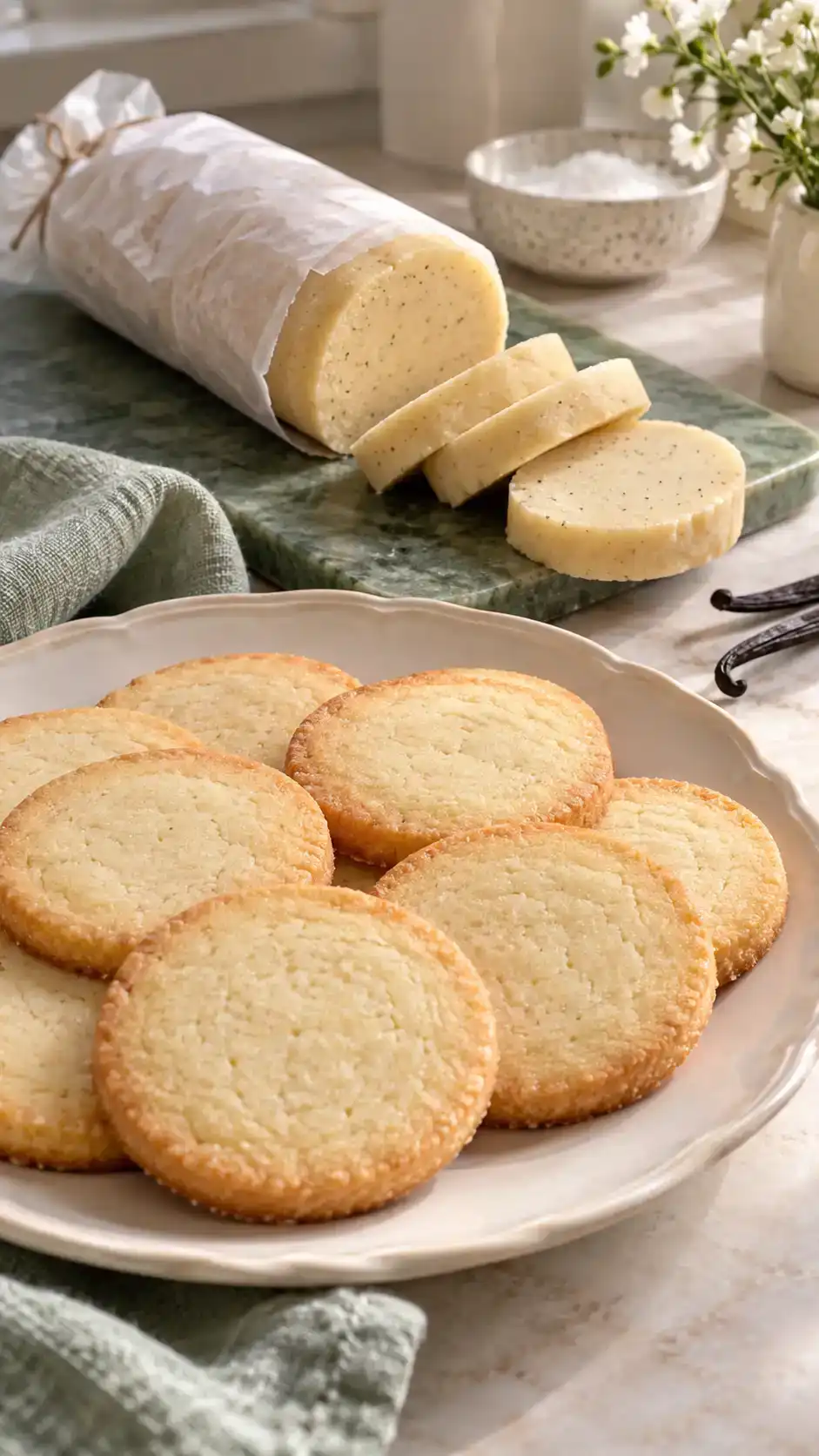 Buttery vanilla icebox sugar cookies with tender centers and crisp edges, made from convenient chilled dough logs.
