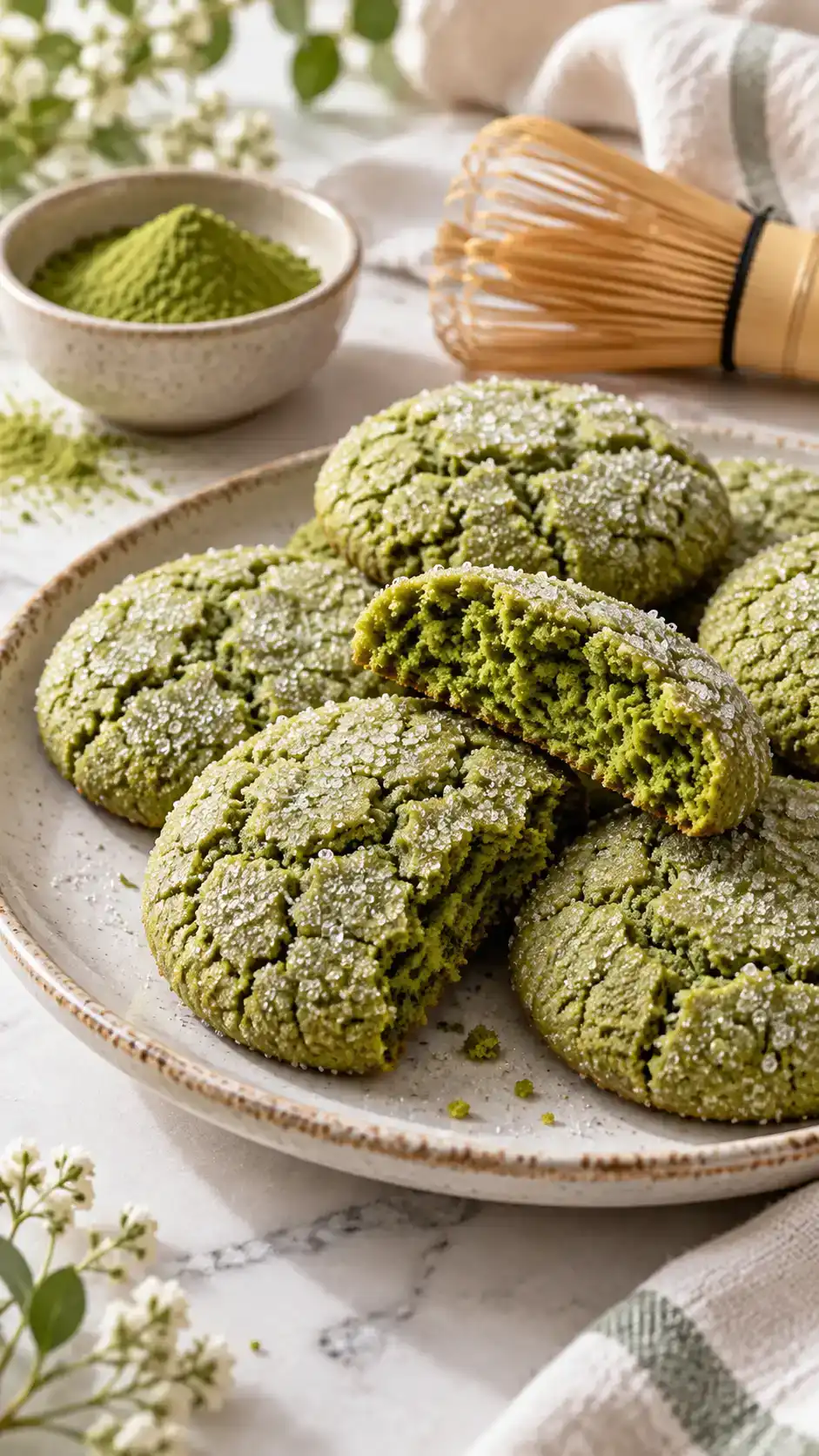Naturally green matcha sugar cookies with softly chewy centers, delicate tea flavor and a sparkling sugar crust.