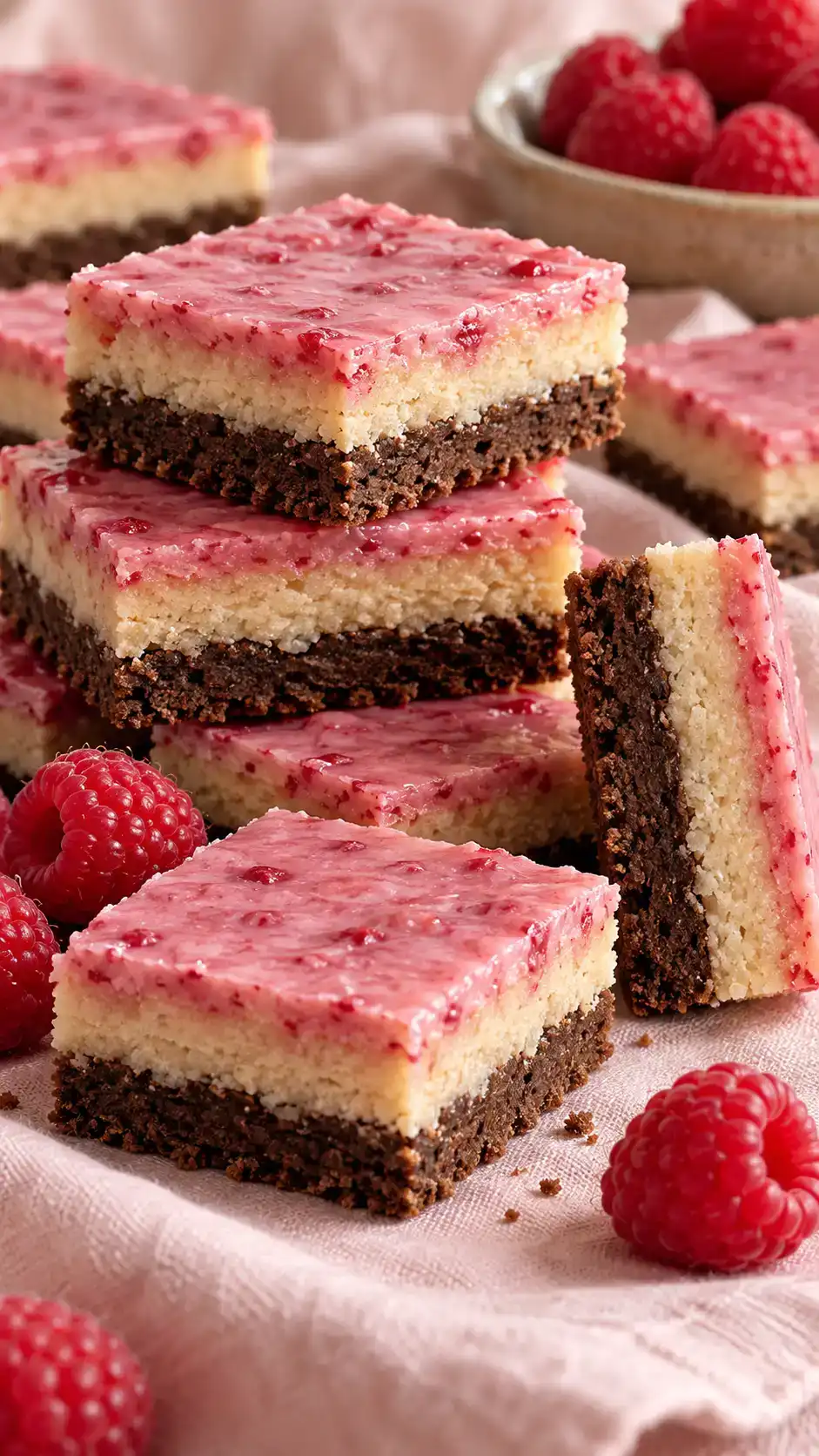Three-layer sugar-cookie bars with a cocoa base, tender vanilla middle and naturally pink raspberry glaze.