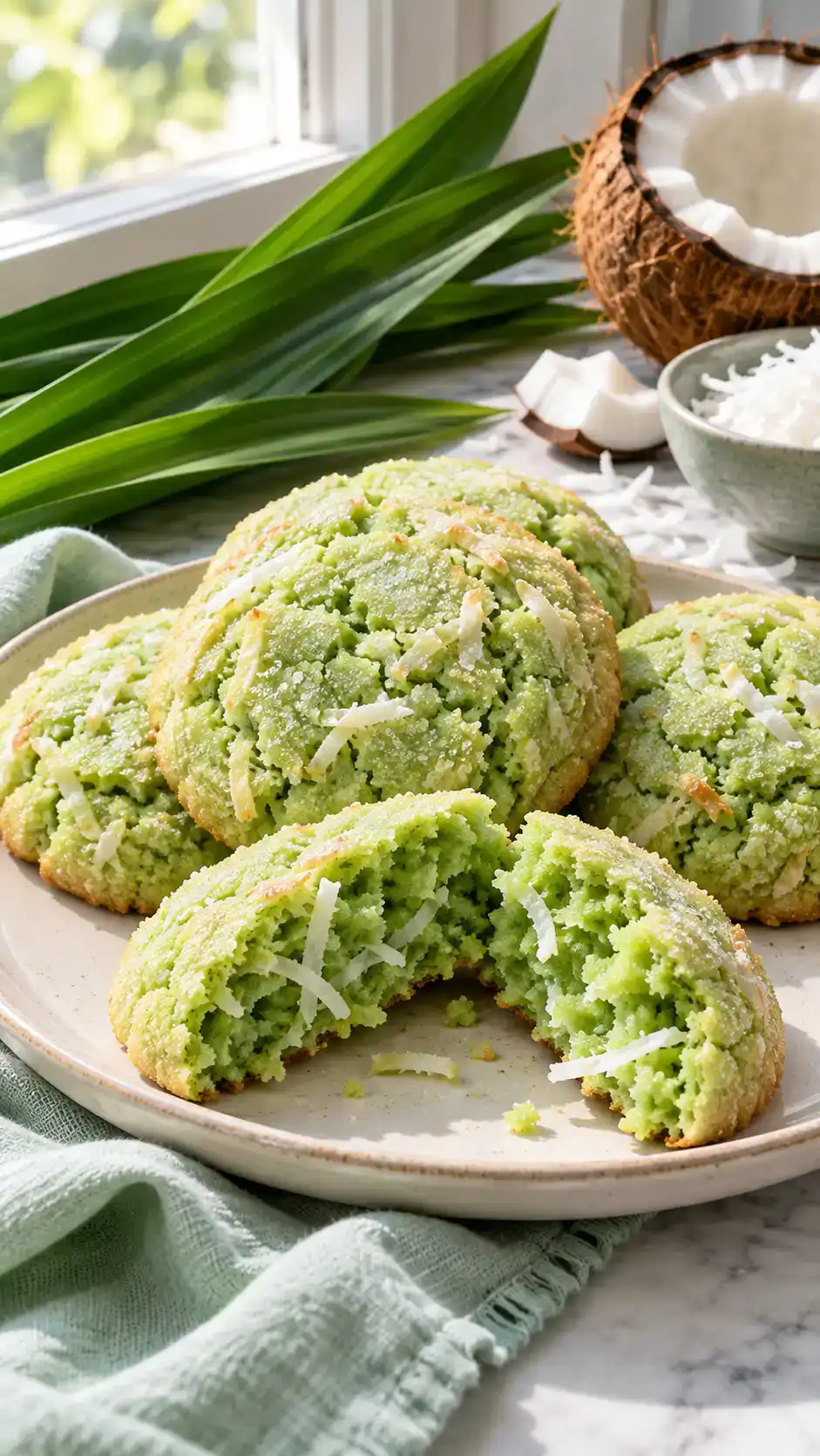 Green pandan sugar cookies with chewy coconut strands and a sparkling sugar crust.