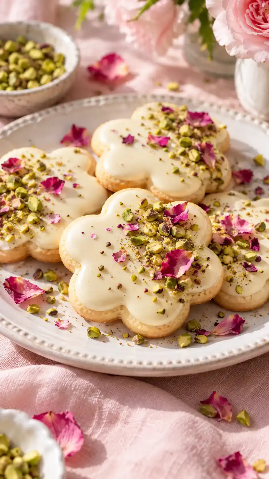 Rose-water sugar cookies with a white-chocolate face, chopped green pistachios and edible pink rose petals.