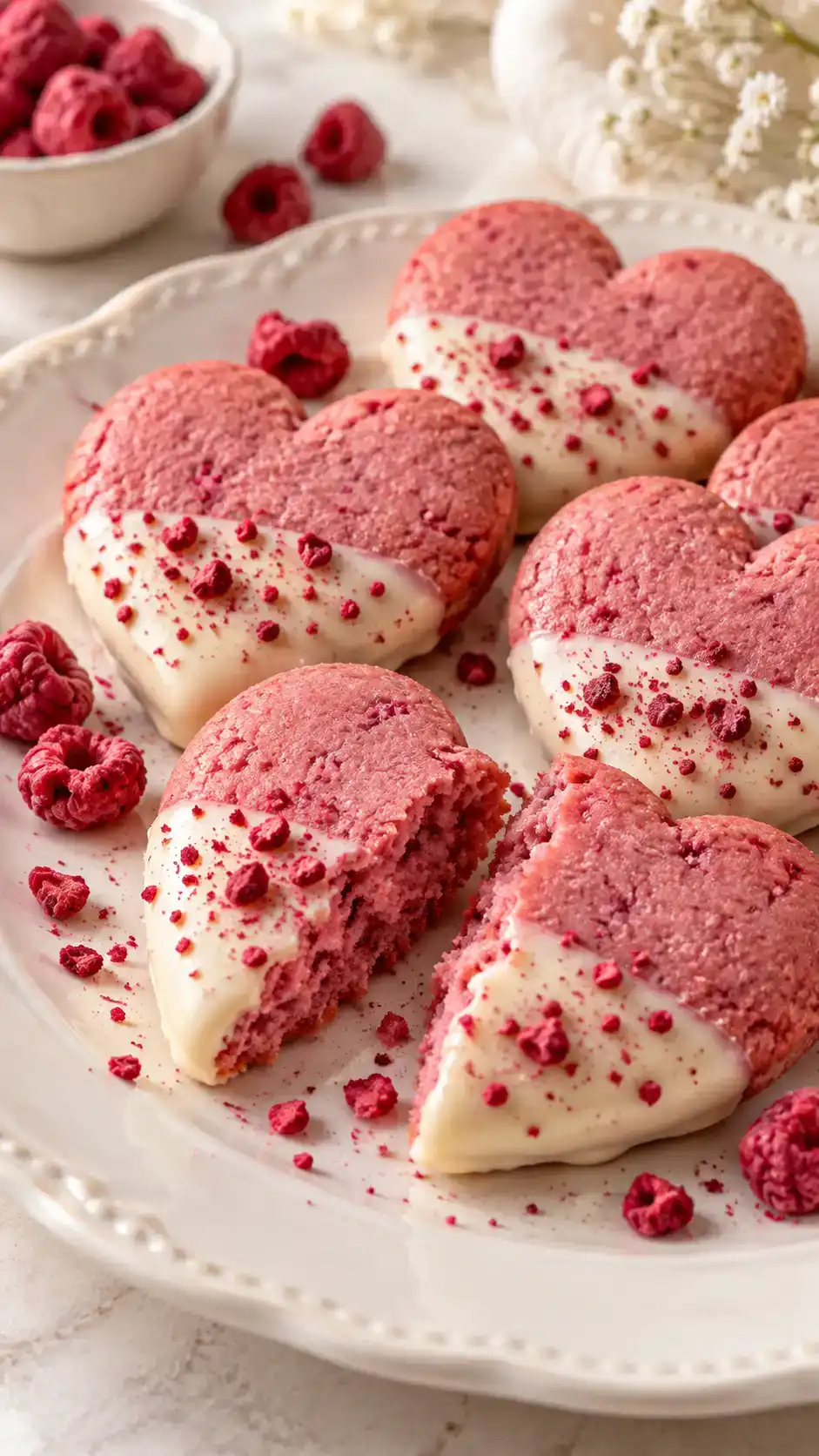 Rosy raspberry sugar-cookie hearts with real berry powder, a tender cream-cheese crumb and a thin white-chocolate dip.