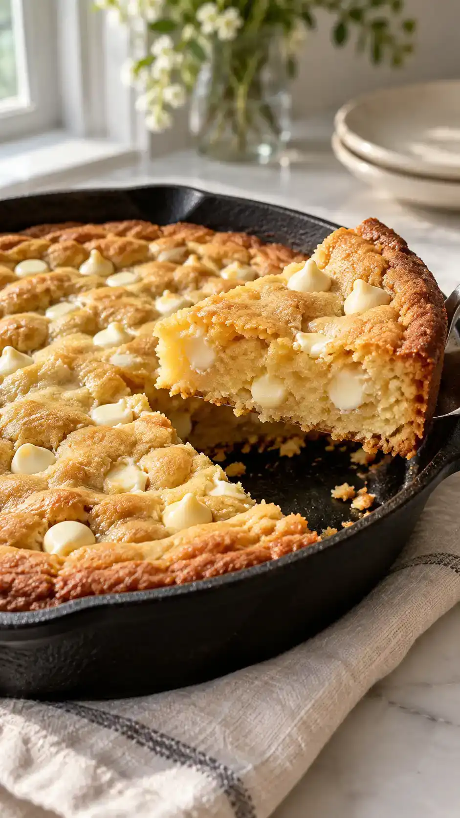 A warm sliceable vanilla sugar cookie baked in a small cast-iron skillet.