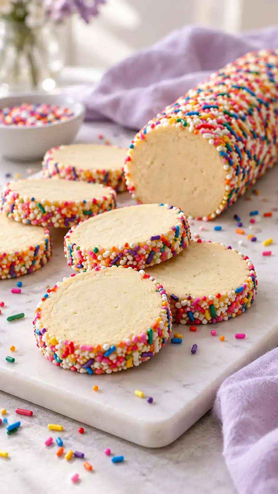 Buttery vanilla-almond slice-and-bake sugar cookies with clean pale centers and colorful sprinkle rims.