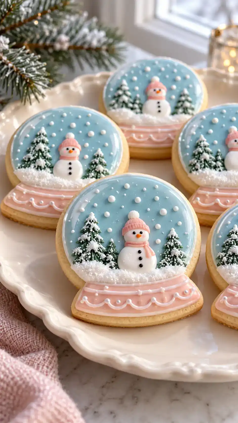 Snow-globe-shaped vanilla cookies with icy-blue scenes and tiny white snowman details.