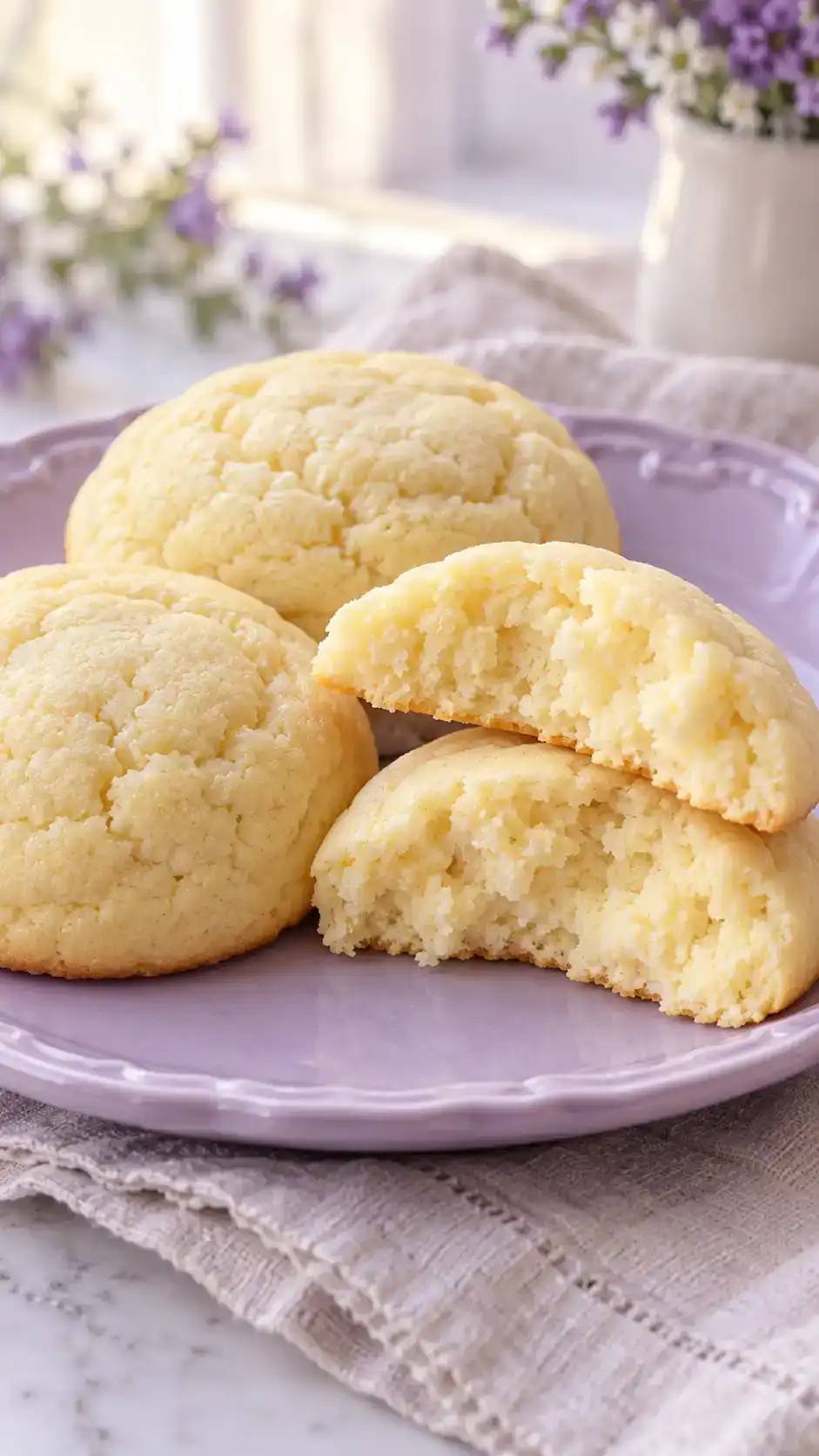 Puffy cream-cheese sugar cookies with a soft, tender crumb and pale vanilla tops.