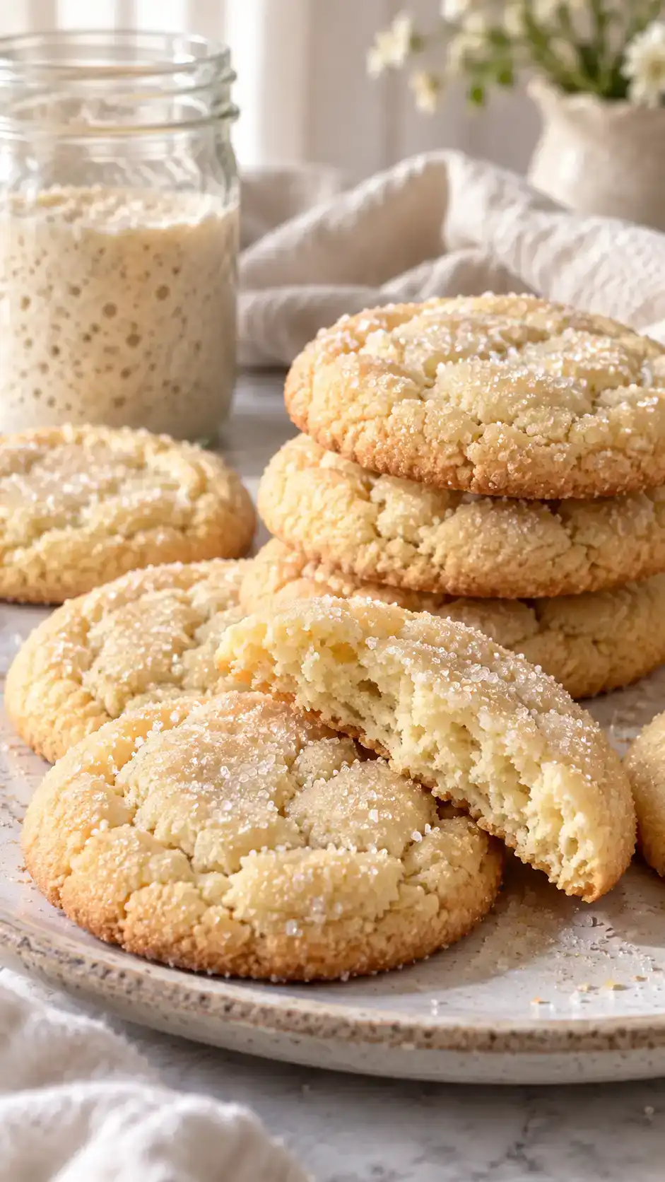 Tender sourdough-discard sugar cookies with a sparkling coating, vanilla flavor and a subtle cultured tang.