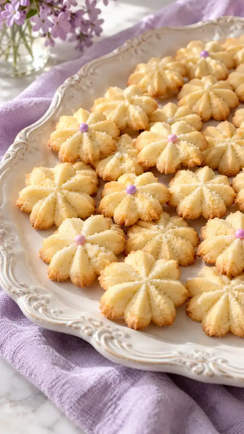 Bite-size butter-rich spritz sugar cookies with crisp molded flower ridges and delicate golden edges.