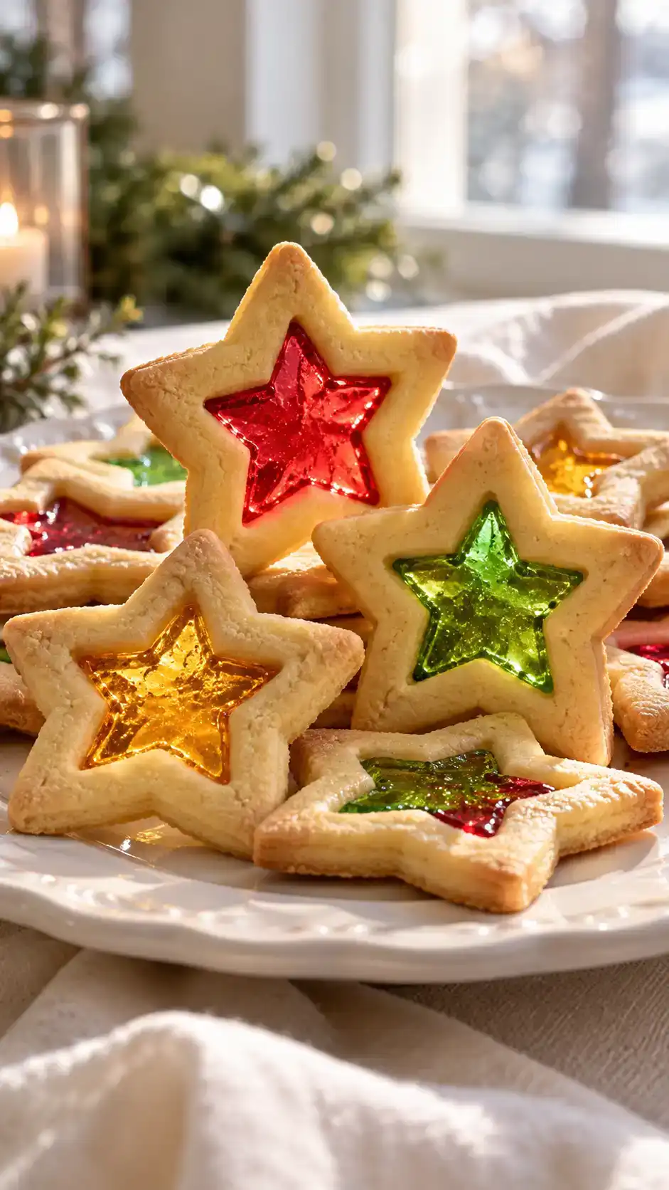 Vanilla sugar-cookie stars with jewel-colored transparent candy windows baked into their centers.