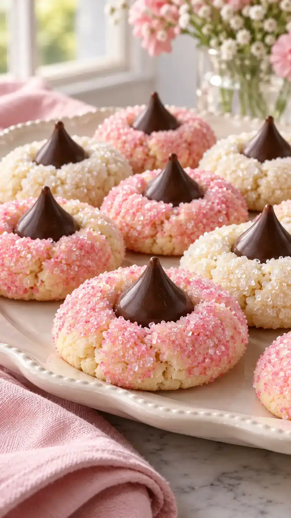 Sparkling sugar-cookie blossoms with a chocolate kiss pressed into each soft center.