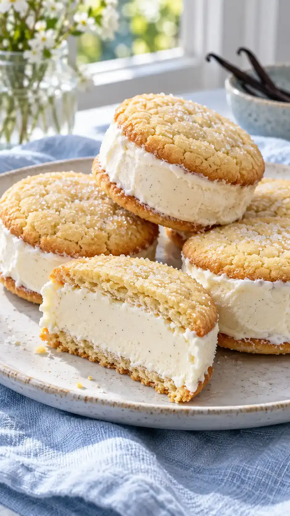 Soft vanilla sugar cookies paired around a neat frozen vanilla ice-cream layer.
