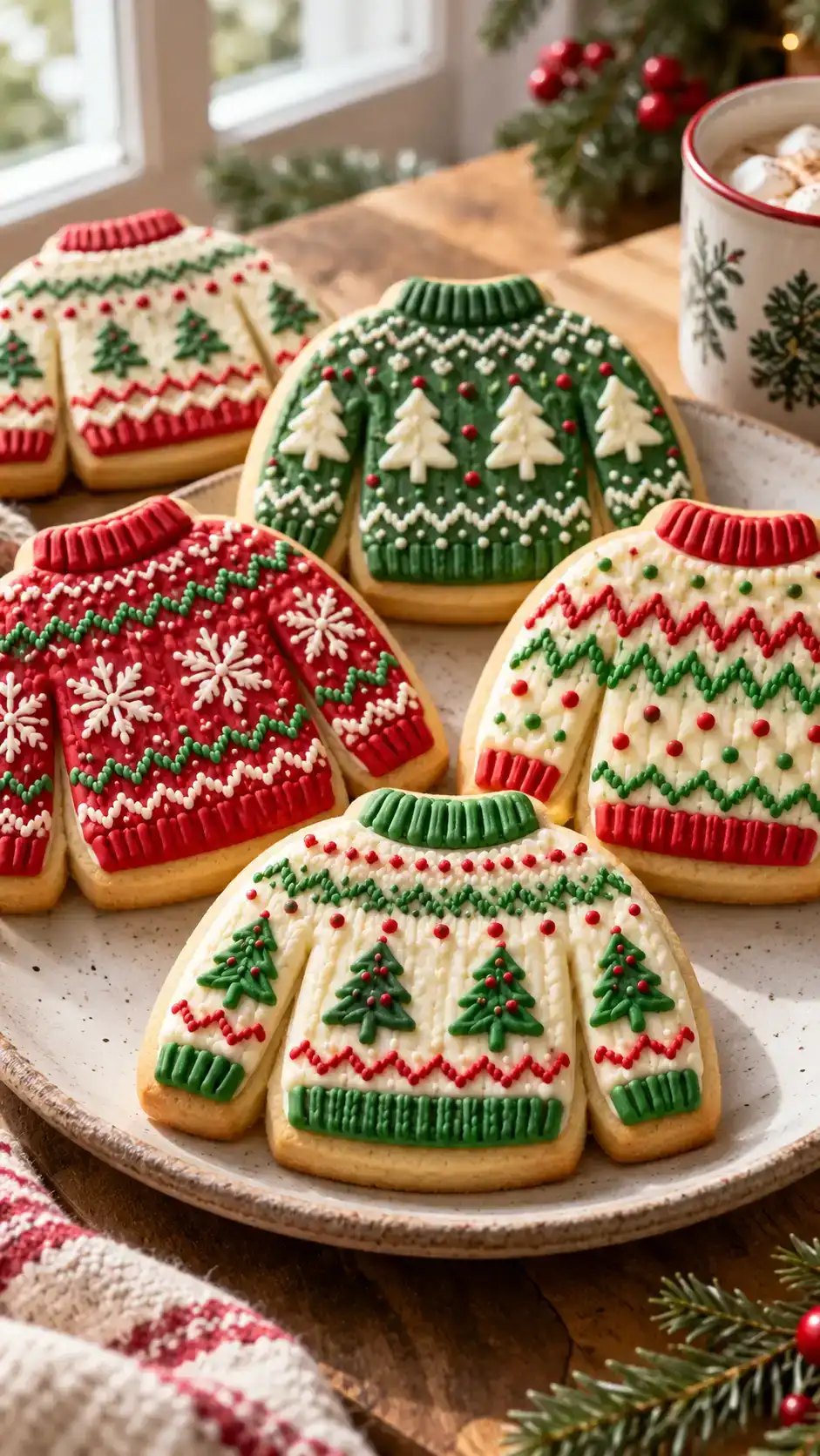 Sweater-shaped sugar cookies with cheerful icing stripes, tiny trees and deliberately playful patterns.