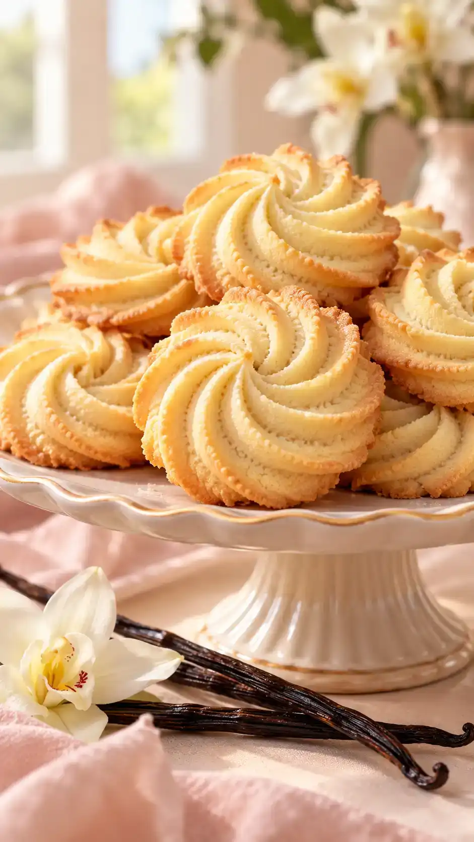 Delicate piped vanilla sugar-cookie rosettes with lightly crisp ridges and a tender, sandy buttery center.