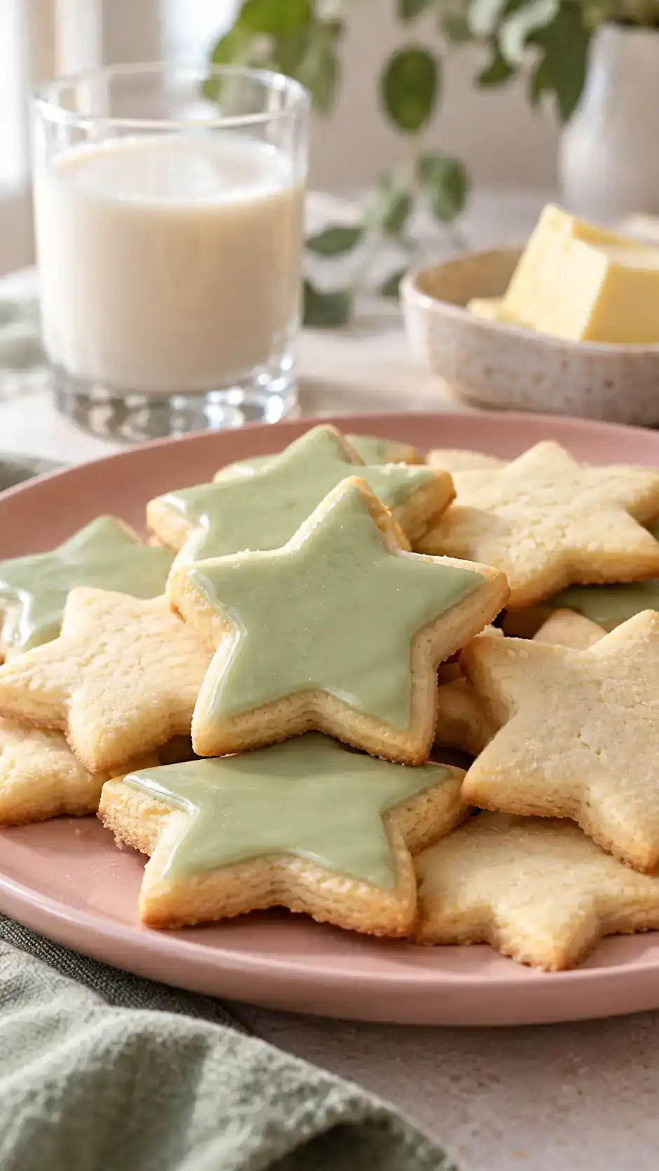 Vegan vanilla sugar-cookie stars with a tender buttery-style crumb and a thin plant-based glaze.