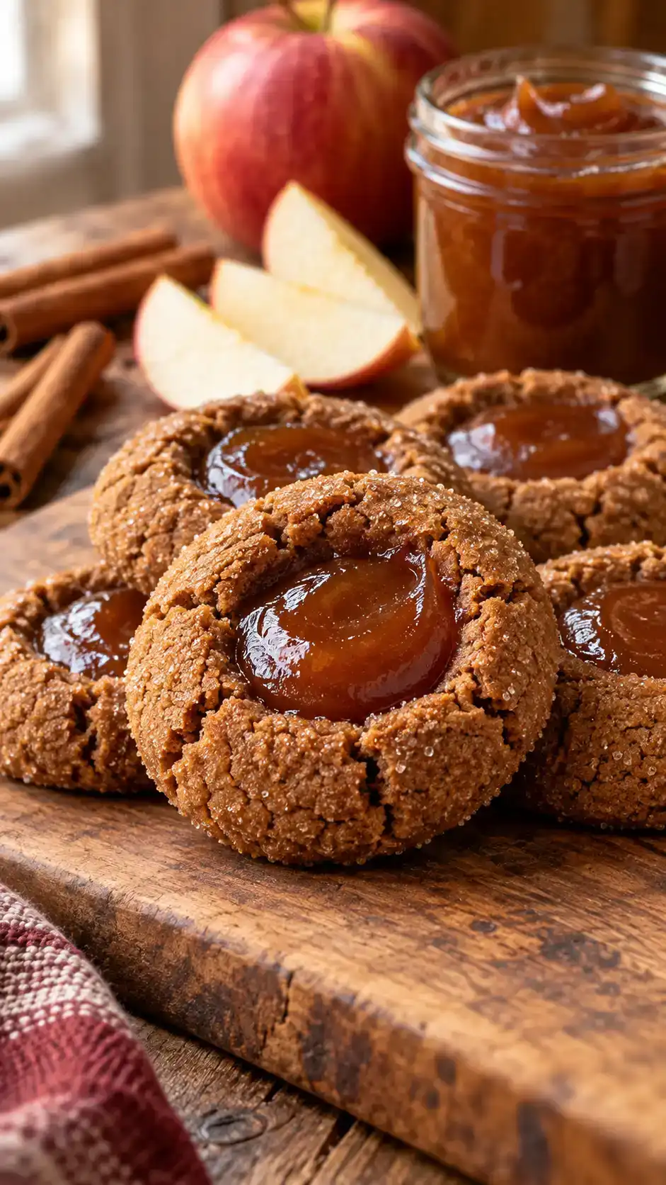 Gingerbread thumbprints filled with smooth amber apple butter, pairing a molasses cookie with concentrated apple-cinnamon flavor.