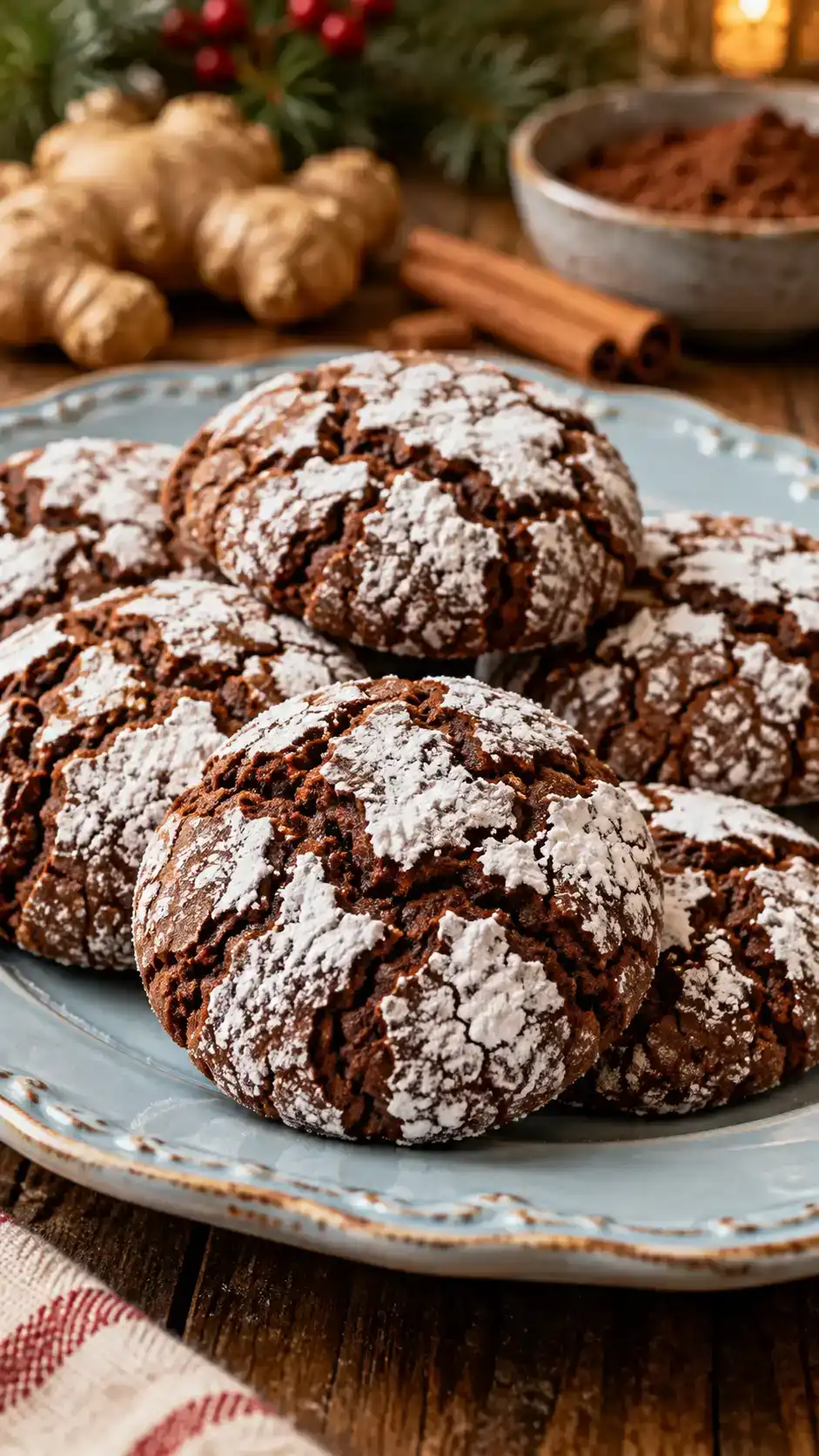 Chocolate gingerbread-spiced crinkle cookies with dark chocolate centers and a contrasting snowy powdered-sugar crackle.