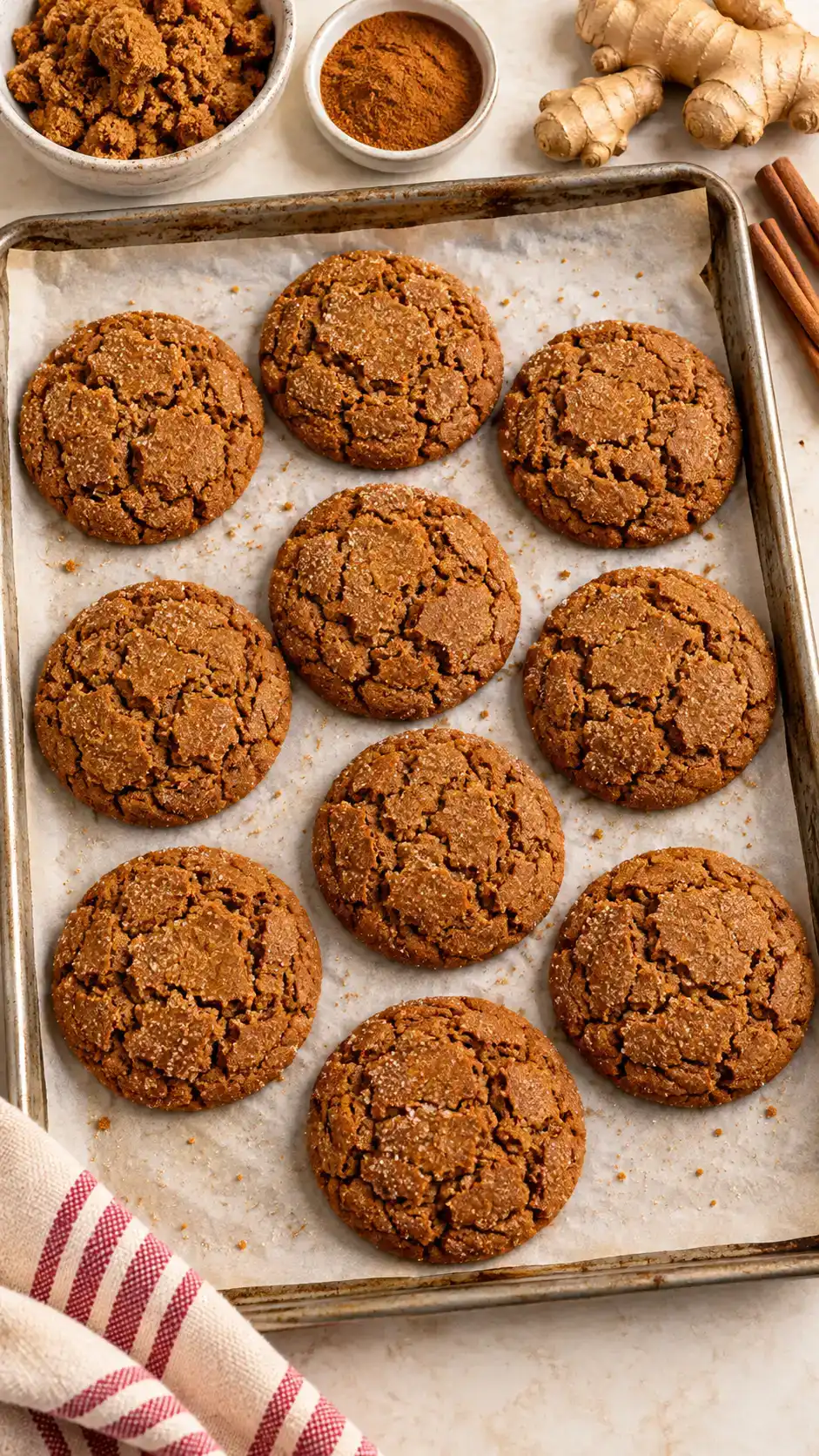 Rustic drop gingerbread cookies with crackled molasses tops and a light sugar crust, shaped with a scoop instead of cutters.