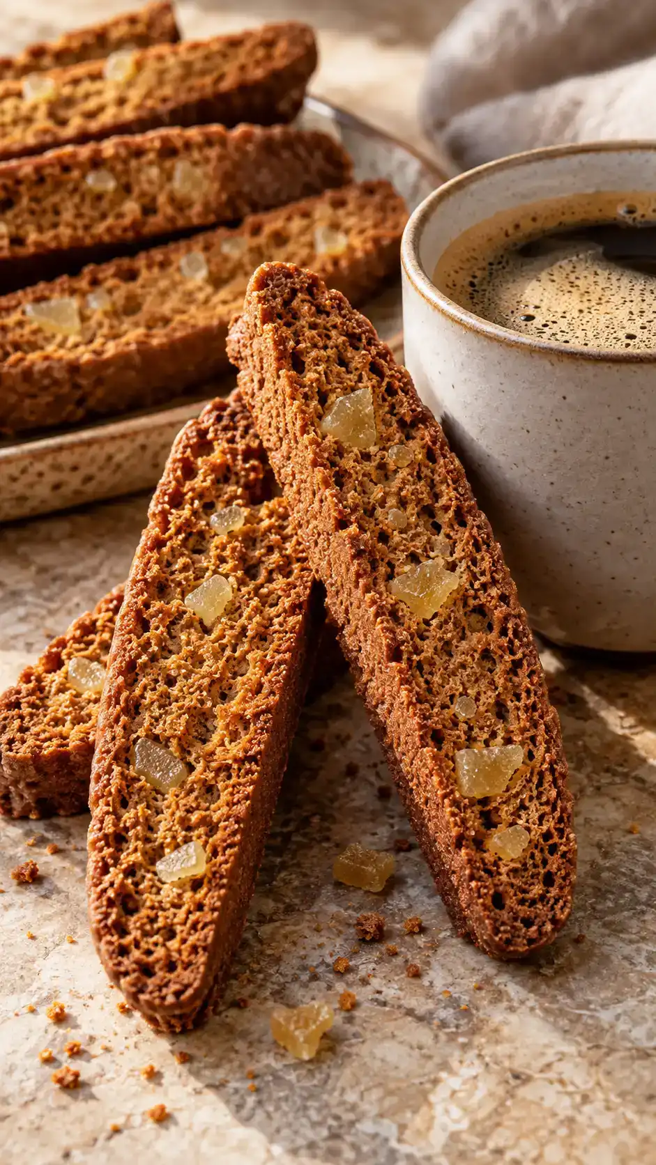 Twice-baked gingerbread-spiced biscotti with crystallized ginger flecks and a gently crisp buttery crumb.