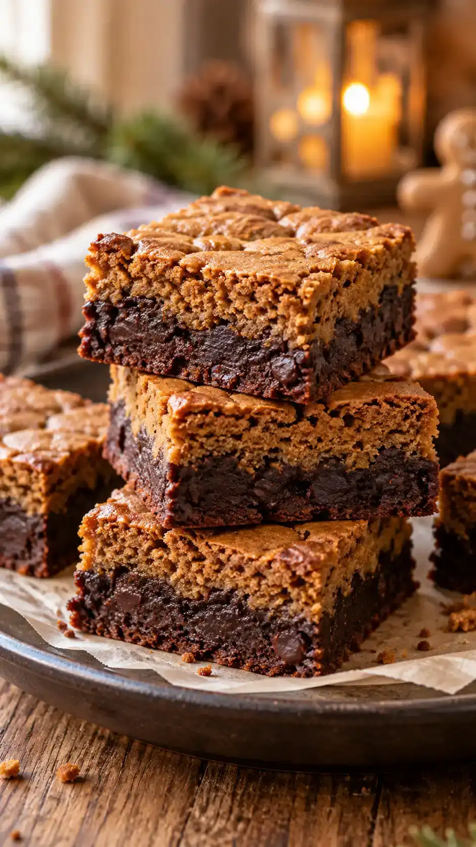 Layered gingerbread brookie bars with a dark fudgy brownie base and a soft ginger-molasses cookie top, sliced to show both layers.