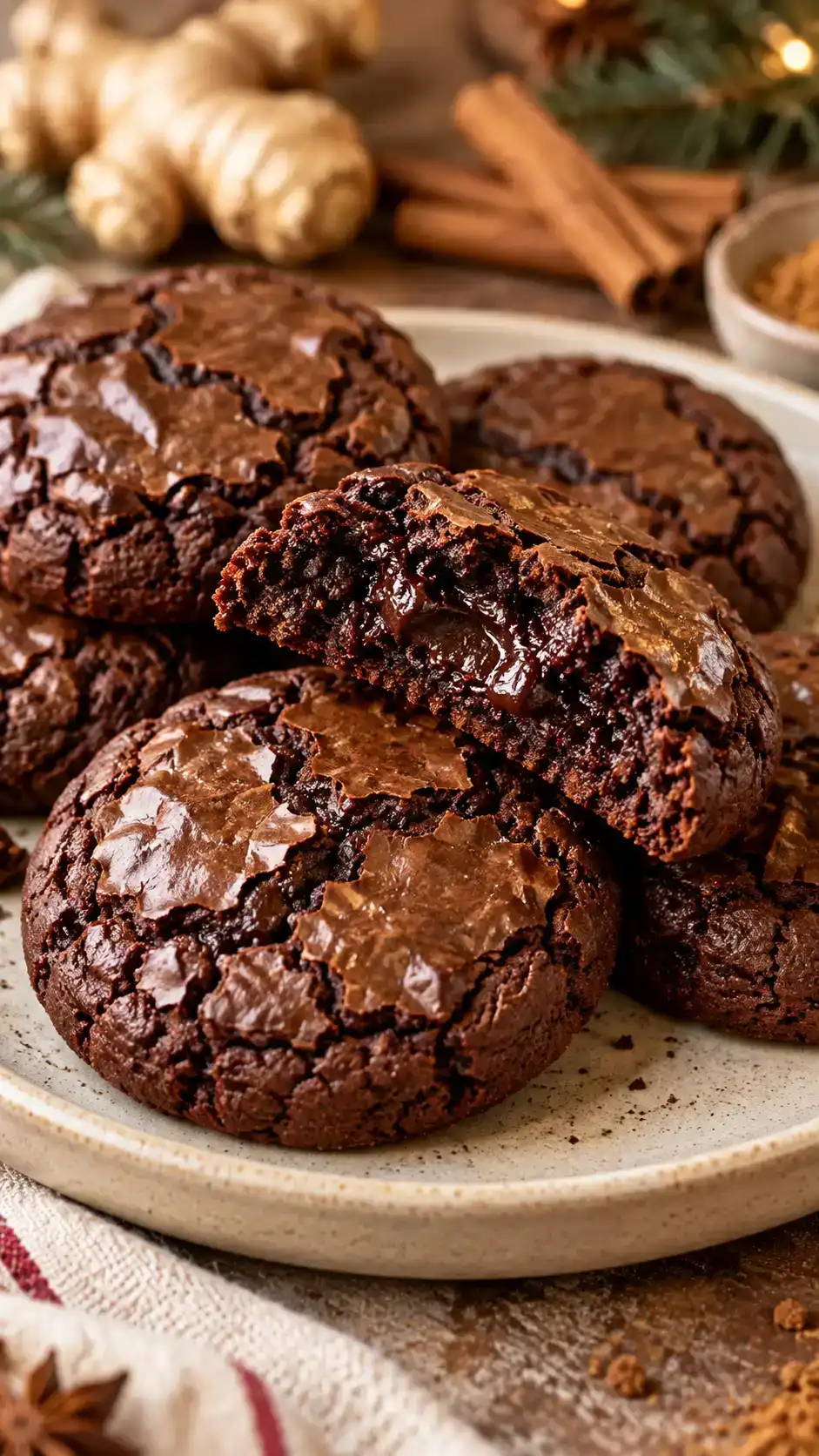 Fudgy gingerbread-spiced brownie cookies with dark chocolate centers and glossy papery cracks, without icing or powdered sugar.