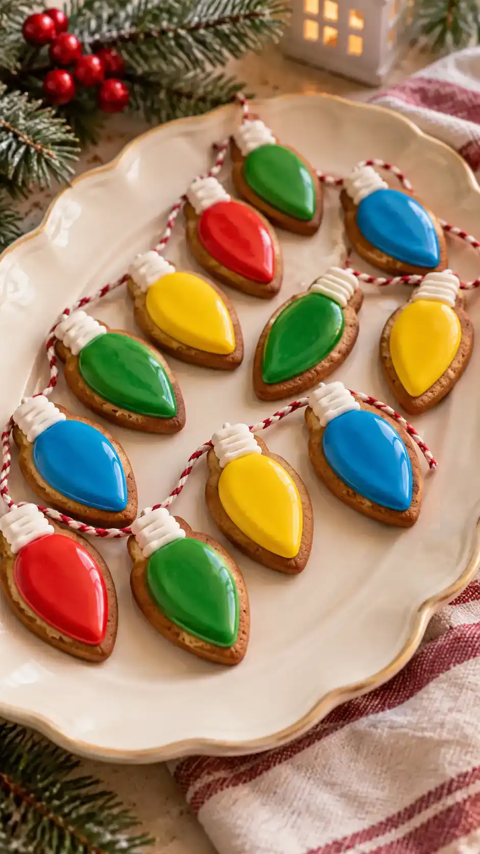 Gingerbread Christmas light cookies with colorful iced bulb centers, little white sockets and crisp brown outlines.