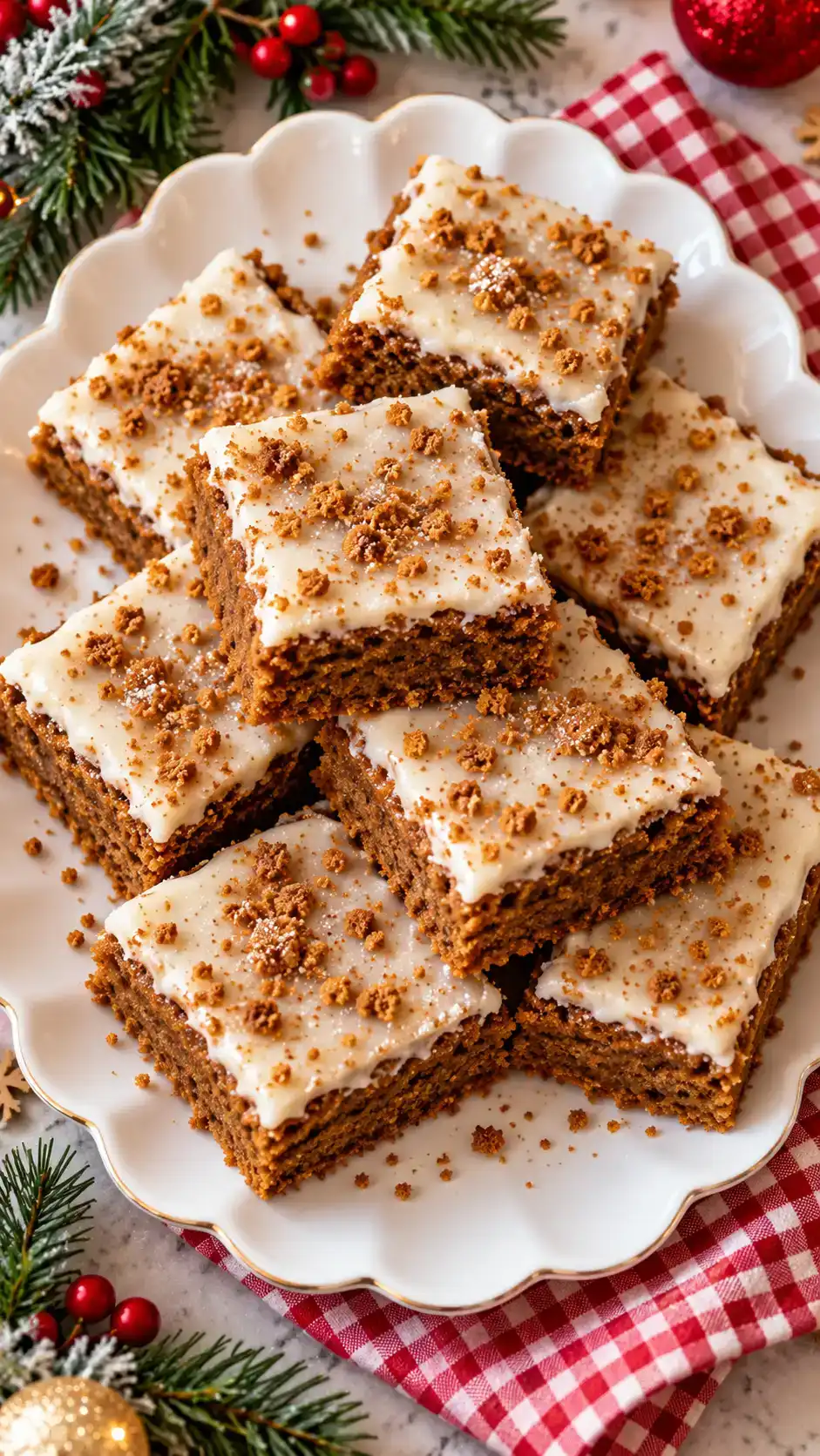 Soft gingerbread cookie bars baked in an 8-inch pan, topped with vanilla butter frosting and cut into tidy squares.