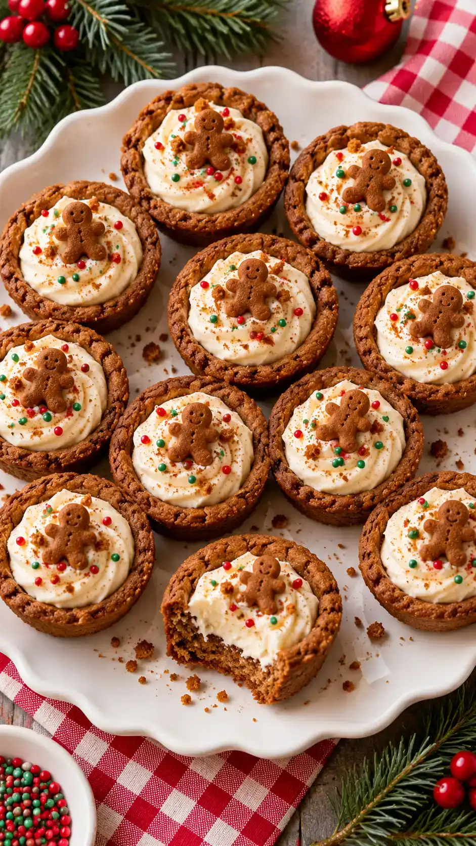 Gingerbread cookie cups with a generous vanilla buttercream center and optional tiny gingerbread-cookie toppers.