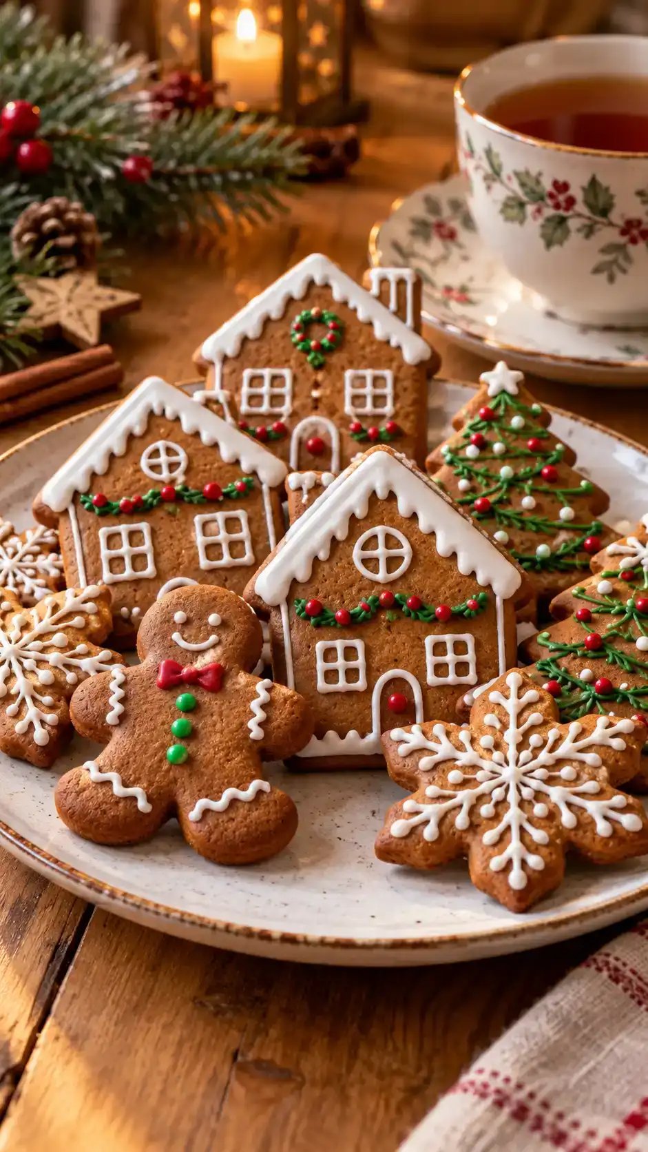 Flat gingerbread house cookies with white icing roofs, windows and doors: a festive decorating project with a classic molasses dough.
