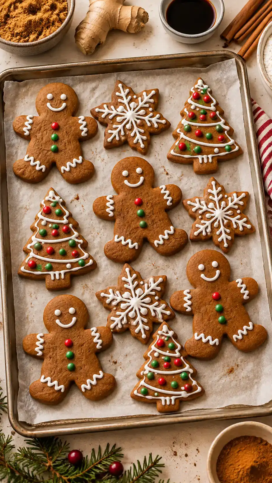 Classic gingerbread men with neat white icing faces, buttons and cuffs, ready for a Christmas cookie plate.