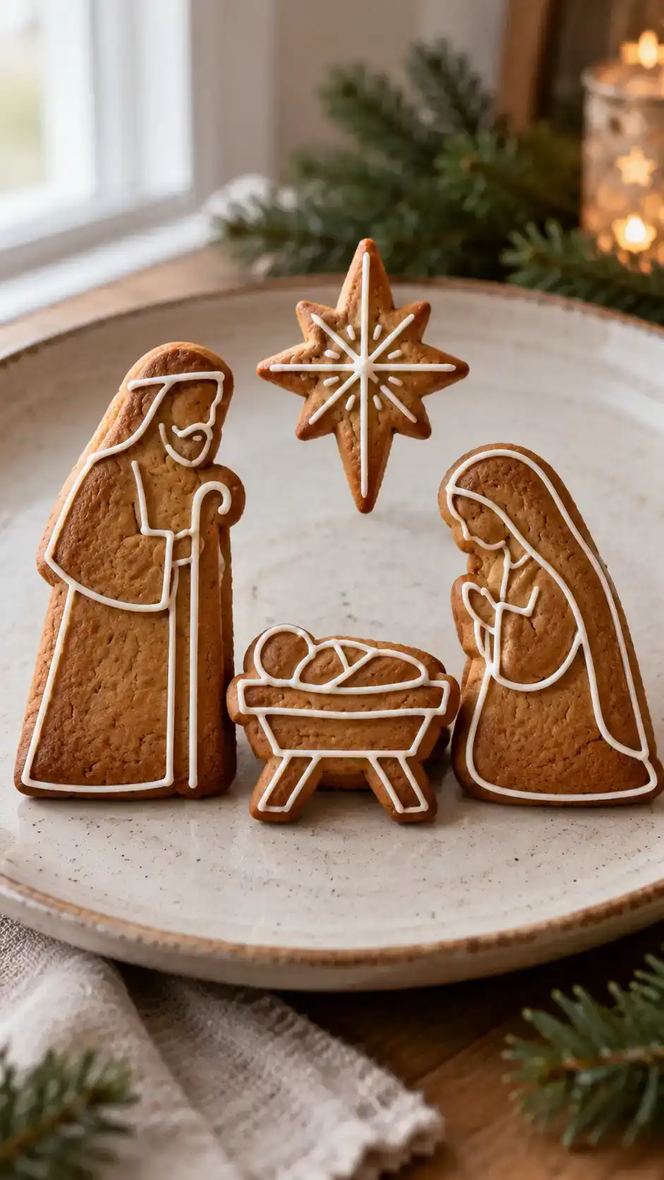 Gingerbread nativity cookies with clearly defined Christmas shapes and simple white icing details.