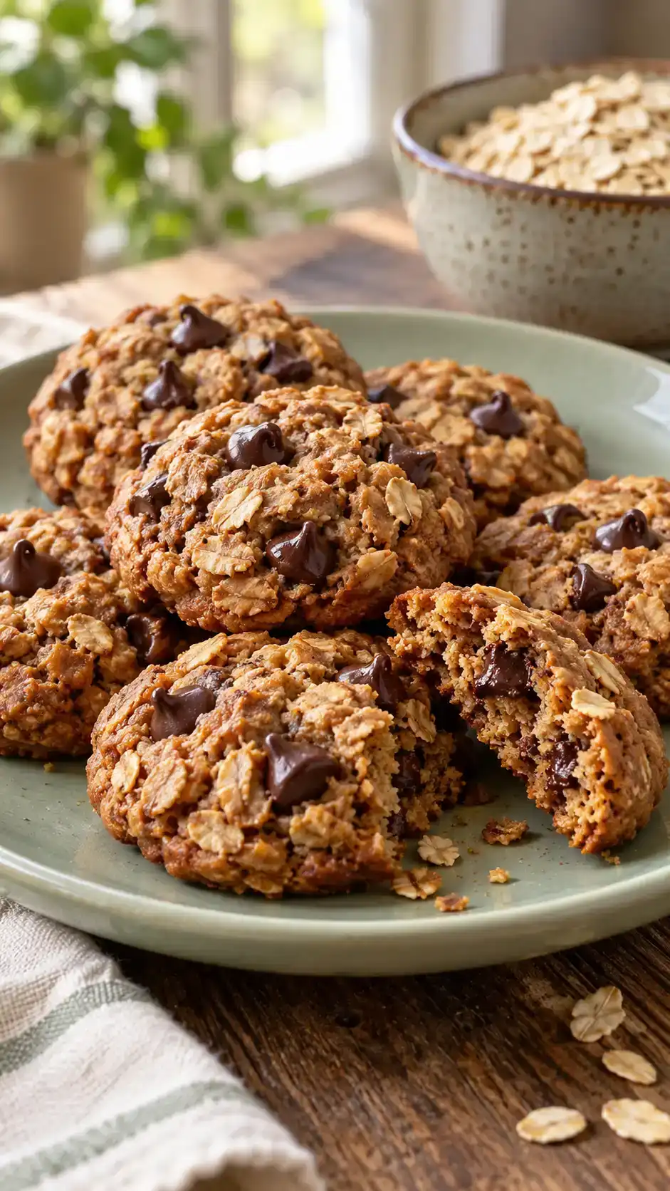 Chewy gingerbread oatmeal cookies with visible rolled-oat texture and semi-sweet chocolate chips throughout, without icing.