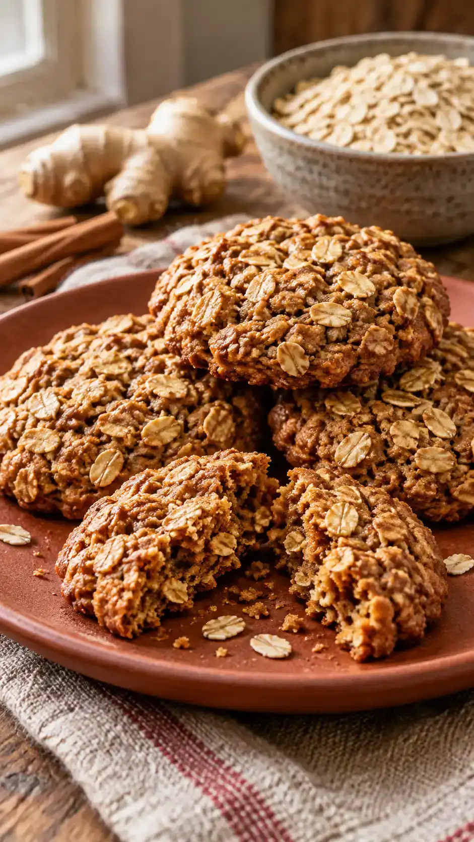 Rustic gingerbread oatmeal cookies with visible rolled oat flakes, chewy molasses centers and no chocolate chips.