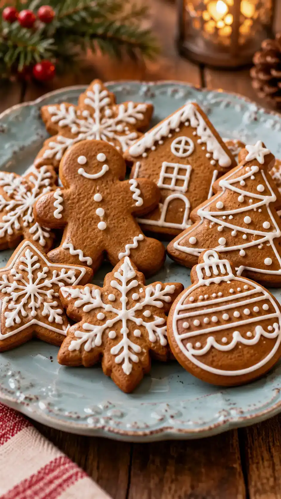 Gingerbread ornament cookies shaped like Christmas baubles, with piped white patterns and optional ribbon holes.