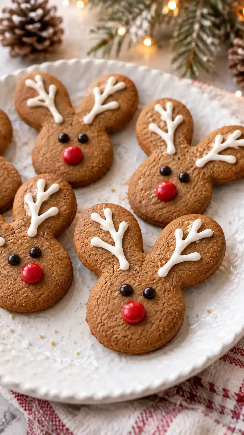 Gingerbread reindeer face cookies with a rounded muzzle, broad upper ears, piped white antlers and cheerful red icing noses.