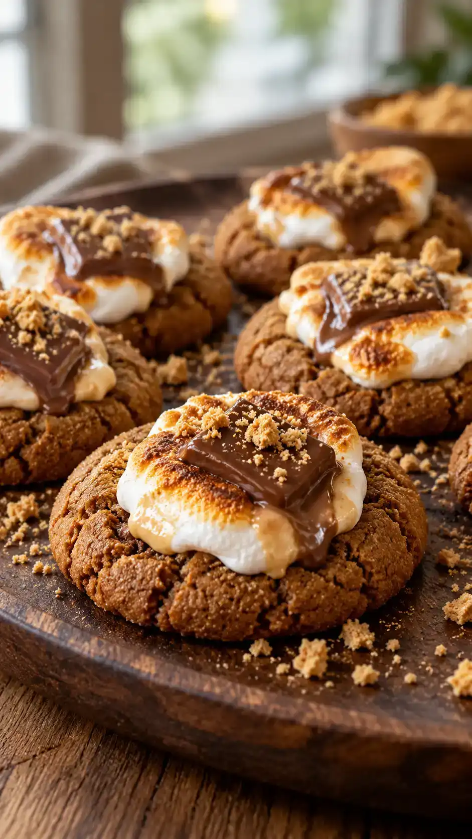 Gingerbread s’mores cookies topped with a puffed toasted marshmallow, melted milk chocolate and a little graham cracker crunch.