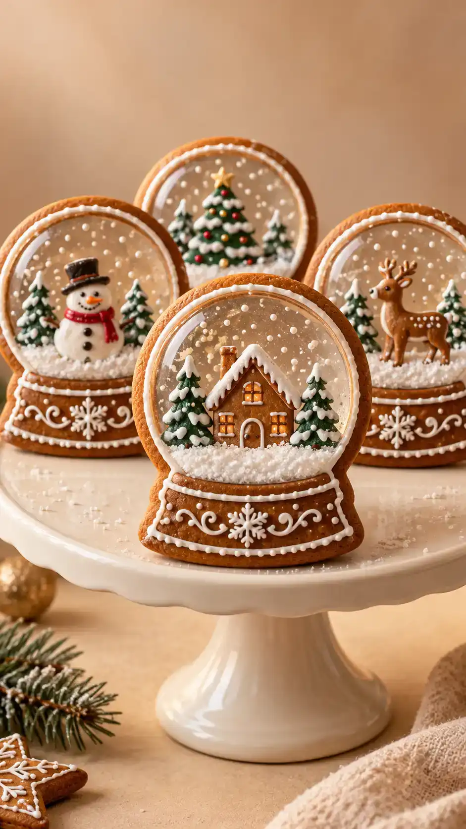 Snow globe gingerbread cookies with clear hard-candy windows, tiny piped winter scenes and snowy white icing borders.