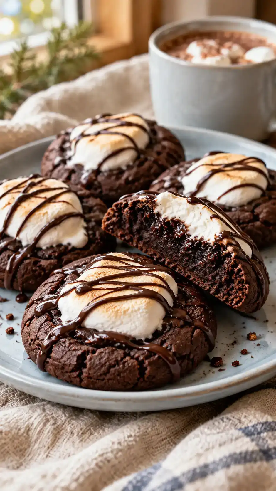 Dark chocolate gingerbread-spiced cookies topped with softened marshmallow halves and thin chocolate drizzles for a clear hot-cocoa finish.