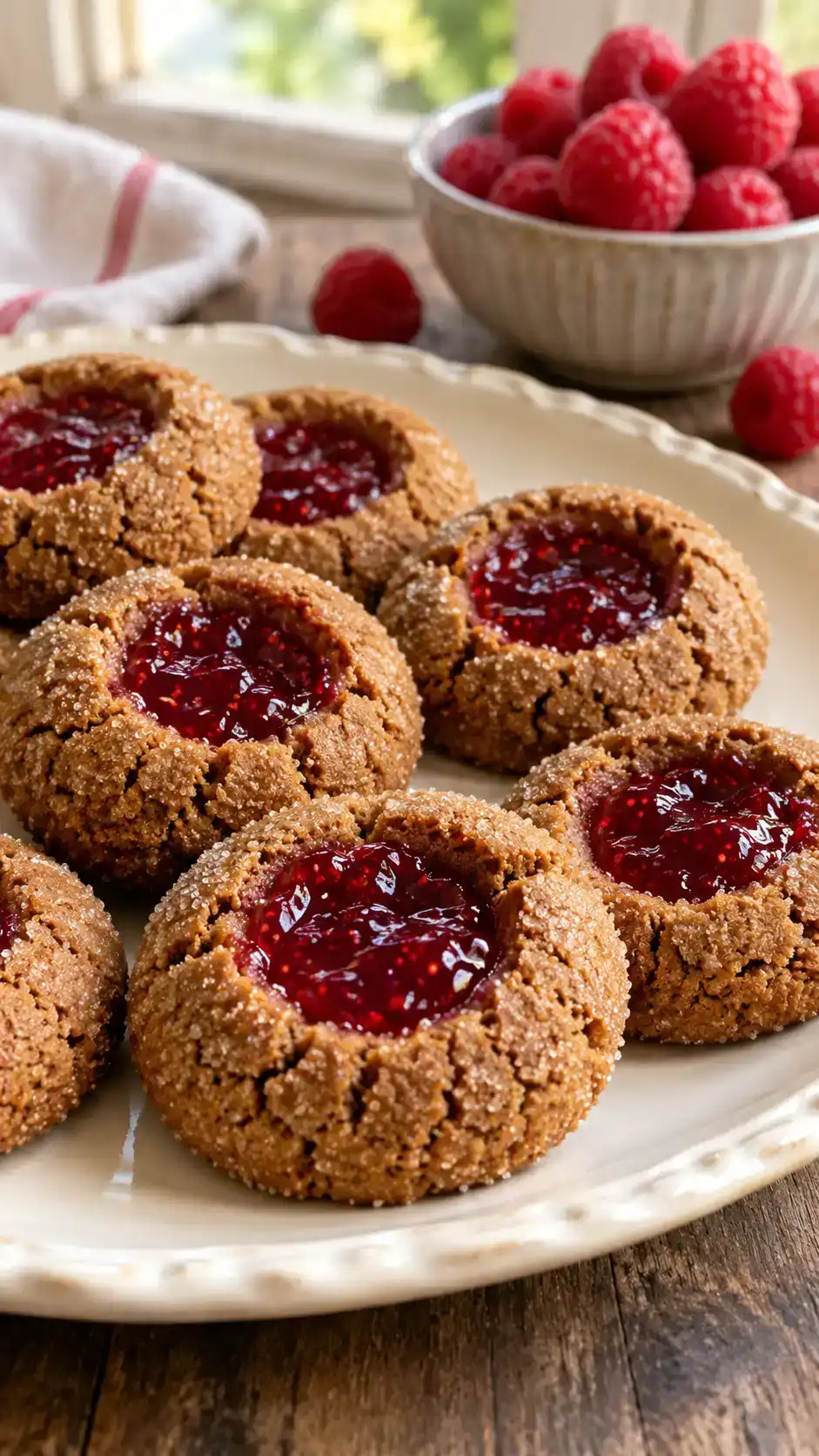 Molasses gingerbread thumbprints with sugar-crusted edges and bright raspberry jam centers.