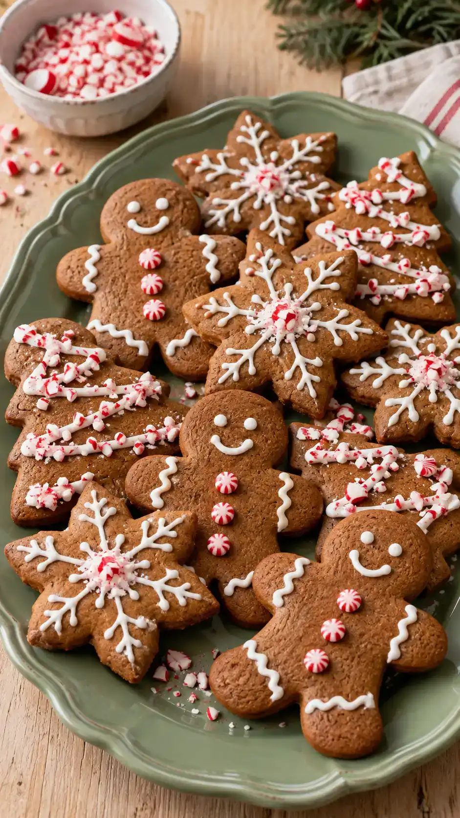 Gingerbread cut-outs with white icing and bright red-and-white crushed peppermint candy for a festive crunchy finish.