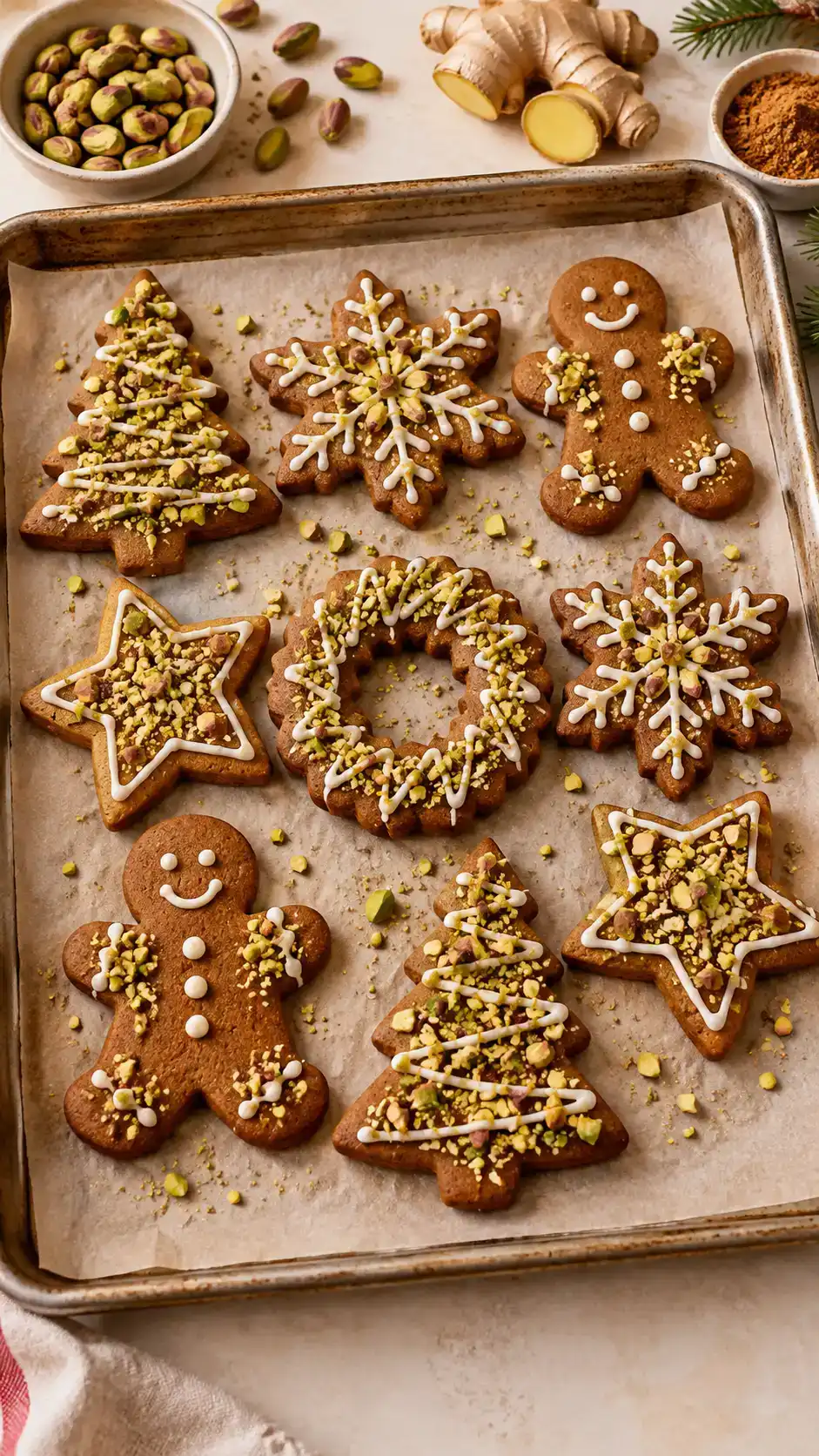 Pistachio gingerbread cut-outs with finely chopped green pistachios attached to snowy white icing details.