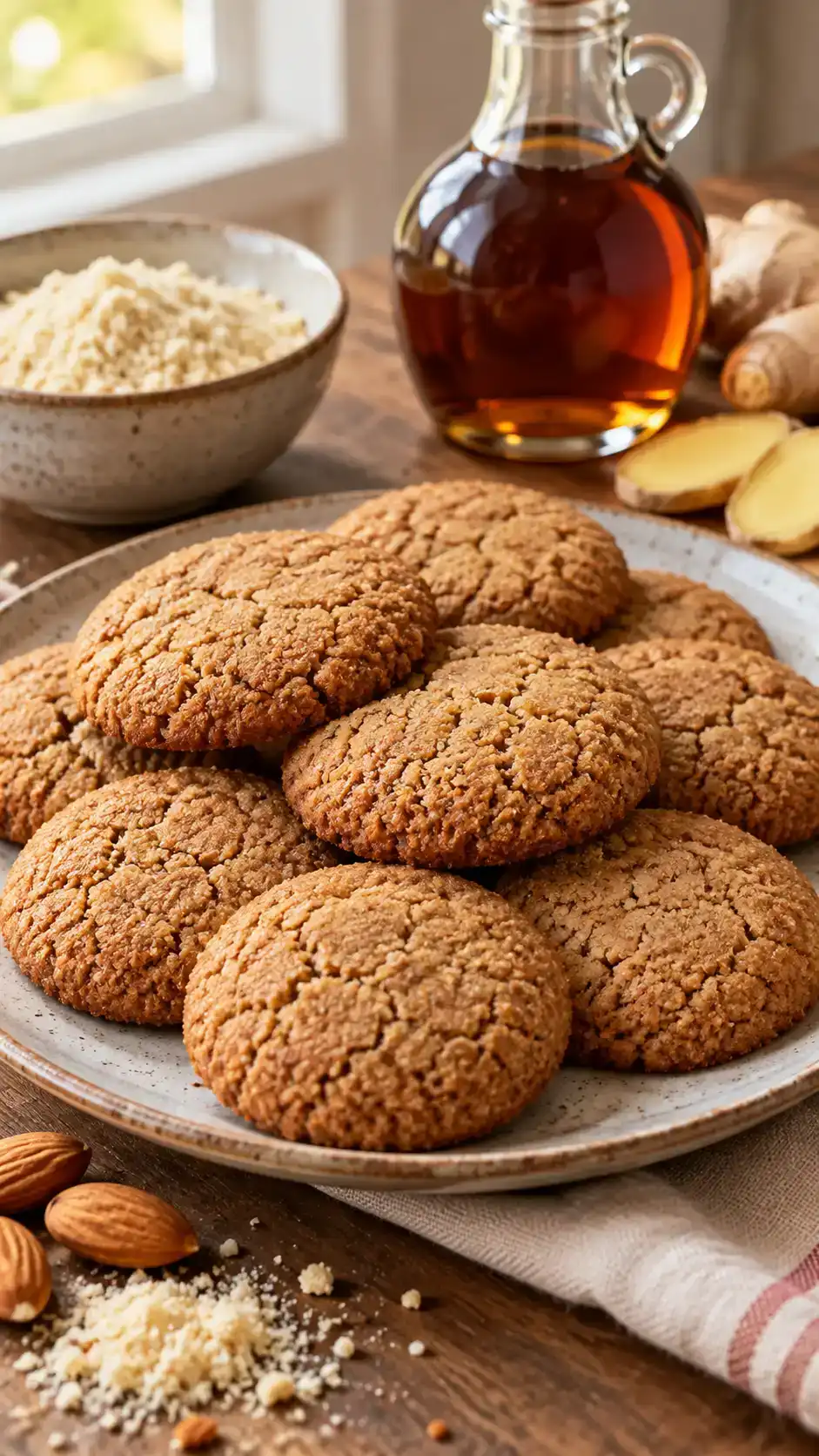 Maple-sweetened almond gingerbread rounds without refined white or brown sugar, with warm spices and no icing.