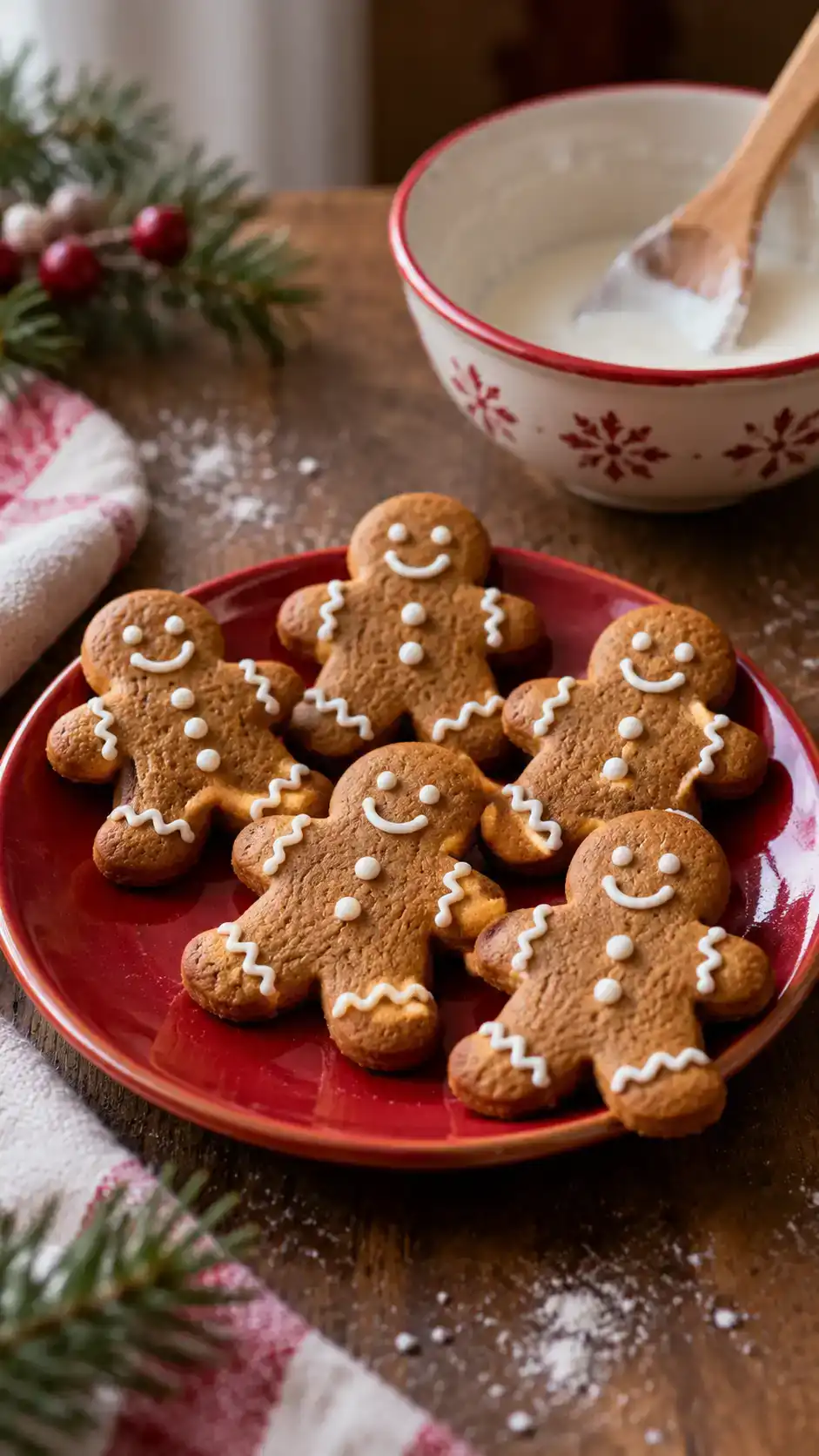 A small batch of six classic gingerbread people, with measured beaten egg and a single baking tray.